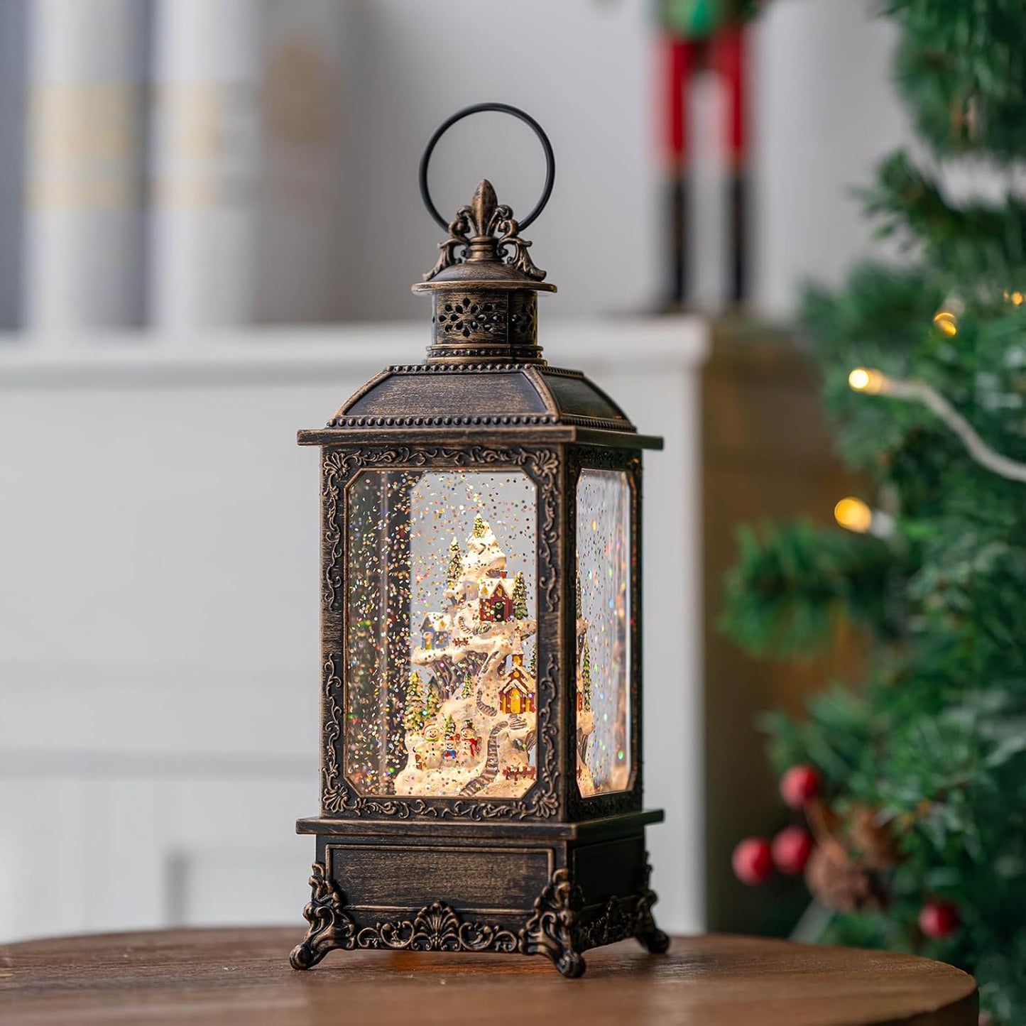 Christmas Village Buildings Snow Globe Lantern Water Glittering Snowman Family with Music & Timer, USB Lined/Battery Operated Lighted Lantern for Christmas Festival Decoration Gifts