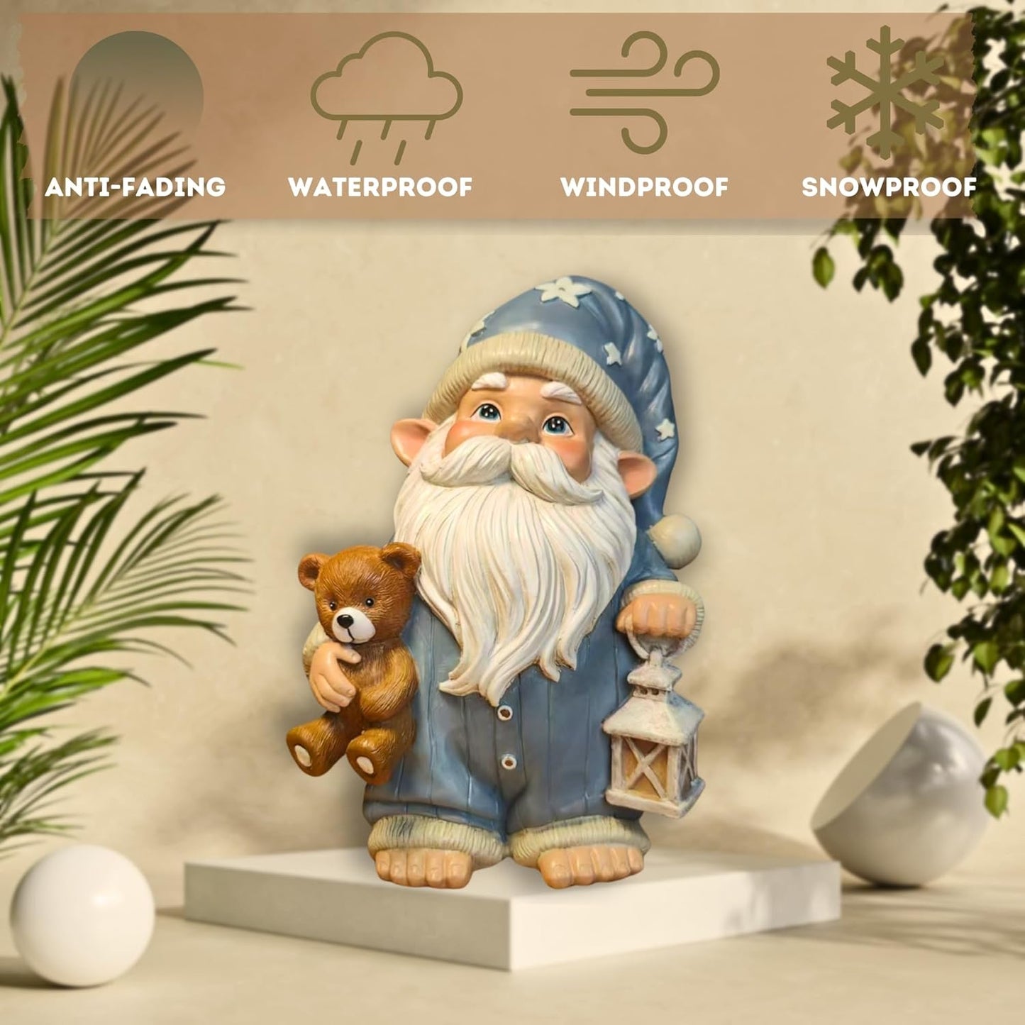 Sleepy Garden Gnome with Teddy Bear & Lantern - 9" Weatherproof Resin Statue - Indoor Outdoor Decor - Whimsical for Home, Patio & Lawn