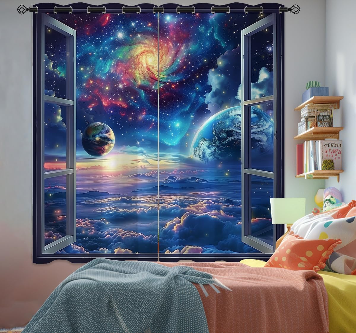 Space Galaxy Blackout Curtains for Girls Boys Kids Home Decor, Universe Nebula Galaxies Solar Planet Grommet Thermal Insulated Drapes Darkening Window Curtain for Bedroom Living Room, 72 x 63 Inch