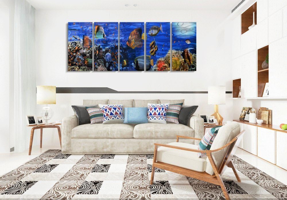 Yihui Arts Cosatal Metal Wall Art, Large Nautical Metal Wall Art in Modern Ocean Design, 3D Outdoor Pictures Wall Decor, 5 Panels, Metal School of Fish Art