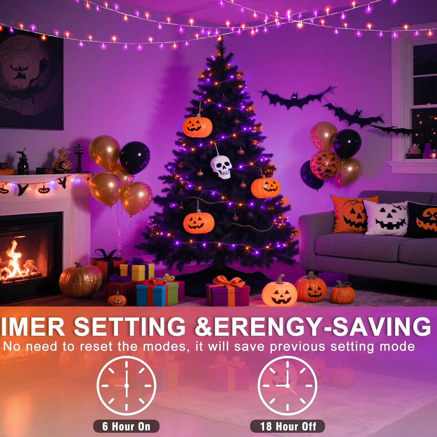 400 LED Halloween String Lights Outdoor, 131 FT Halloween Lights Outdoor Clear Wire with 8 Modes, Plug in Waterproof Christmas Light for Tree Party Christmas Thanksgiving Decorations, Purple&Orange