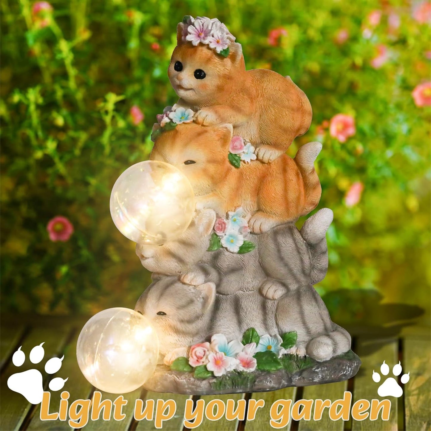 Solar Cat Garden Statue Resin Cat Statue Decor Outdoor with LED Lights for Outside Yard Art Lawn Ornaments Patio, Cat Lovers Gifts