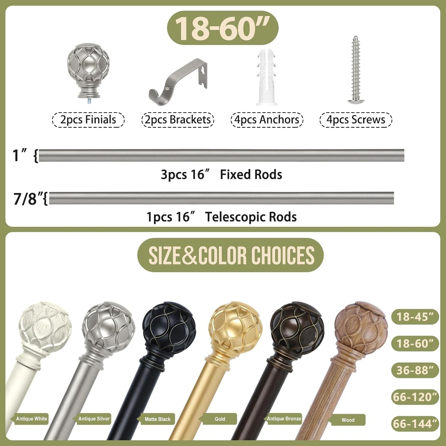 Silver Adjustable Curtain Rods for Windows:18-60 Inch Farmhouse Heavy Duty Curtain Rod for Bedroom Living Room,Boho Decorative Rustic Drapery Rods with Vintage Coastal Finial,Antique Silver