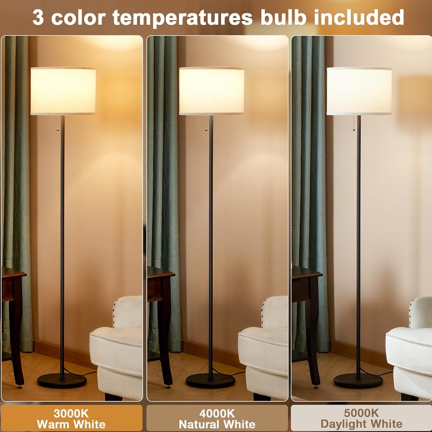 Ambimall Modern Standing Floor Lamp for Living Room & Bedroom with 3 Color Temperatures Bulb & Pull Chain Switch, 60" Tall with Beige Shade & Black Pole
