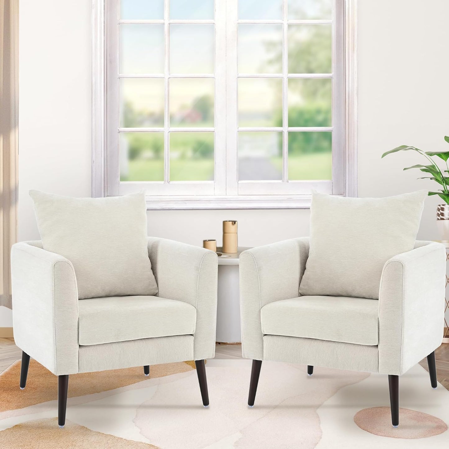 Barrel Accent Chair Set of 2 with Back Pillow, Large Upholstered Armchair with Solid Wood Legs Modern Reading Chairs for Living Room Bedroom