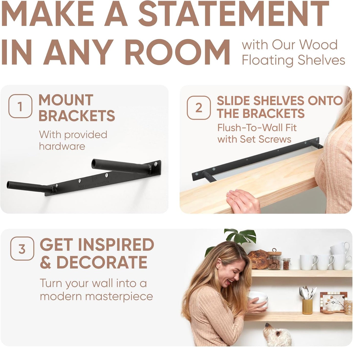 Homeforia 42 inch Wood Floating Shelf, High End Solid Natural Wood 42inch Large Floating Shelves for Wall Mounted, Unfinished Wooden Floating Shelves, Heavy Duty Bracket, 42 X 6.5 X 1.75 in, Set of 2