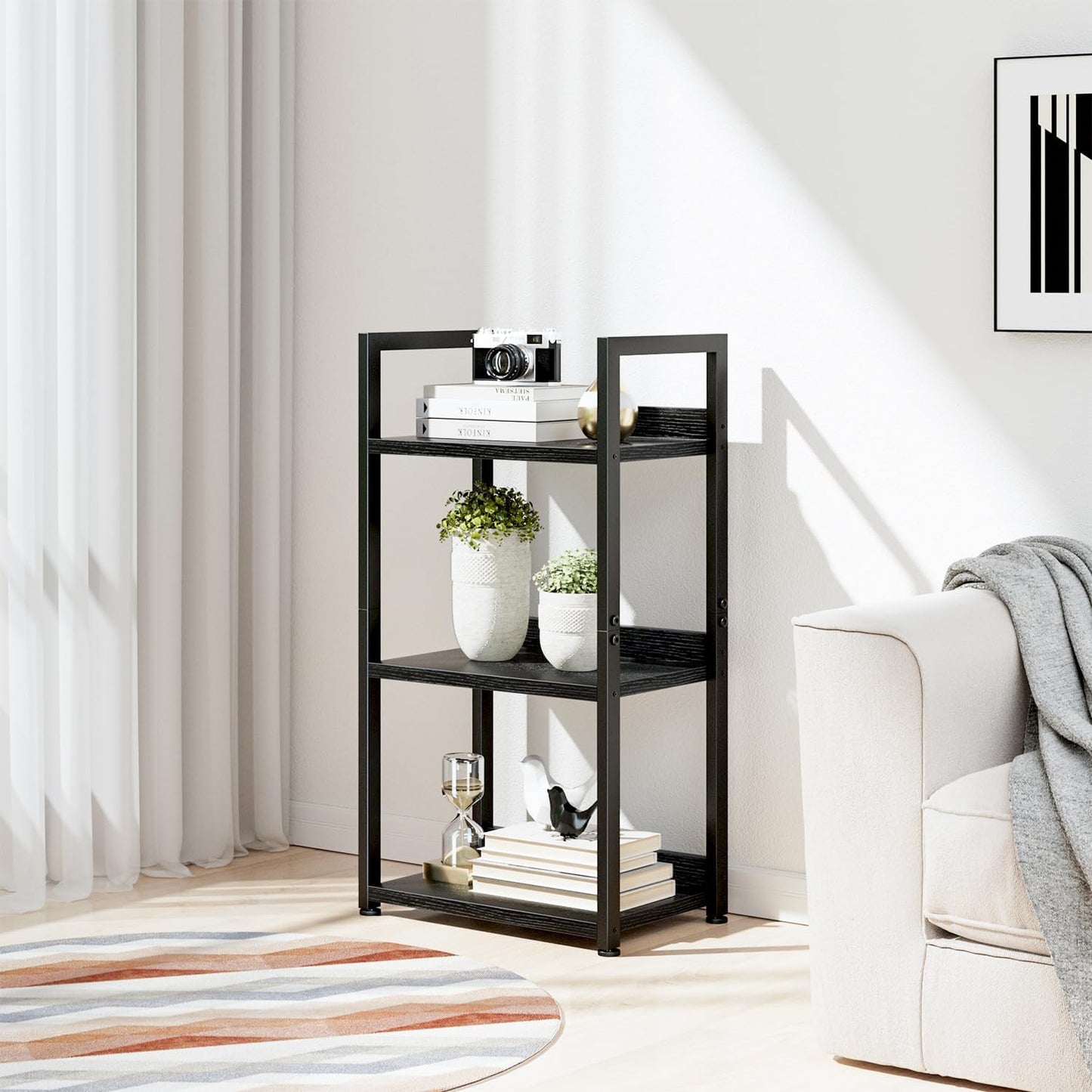 NUMENN Narrow Bookshelf, 3 Tier Bookshelves, Home Office Bookcase Shelf Storage Organizer, Free Standing Storage Shelving Unit for Bedroom, Living Room and Home Office, Black