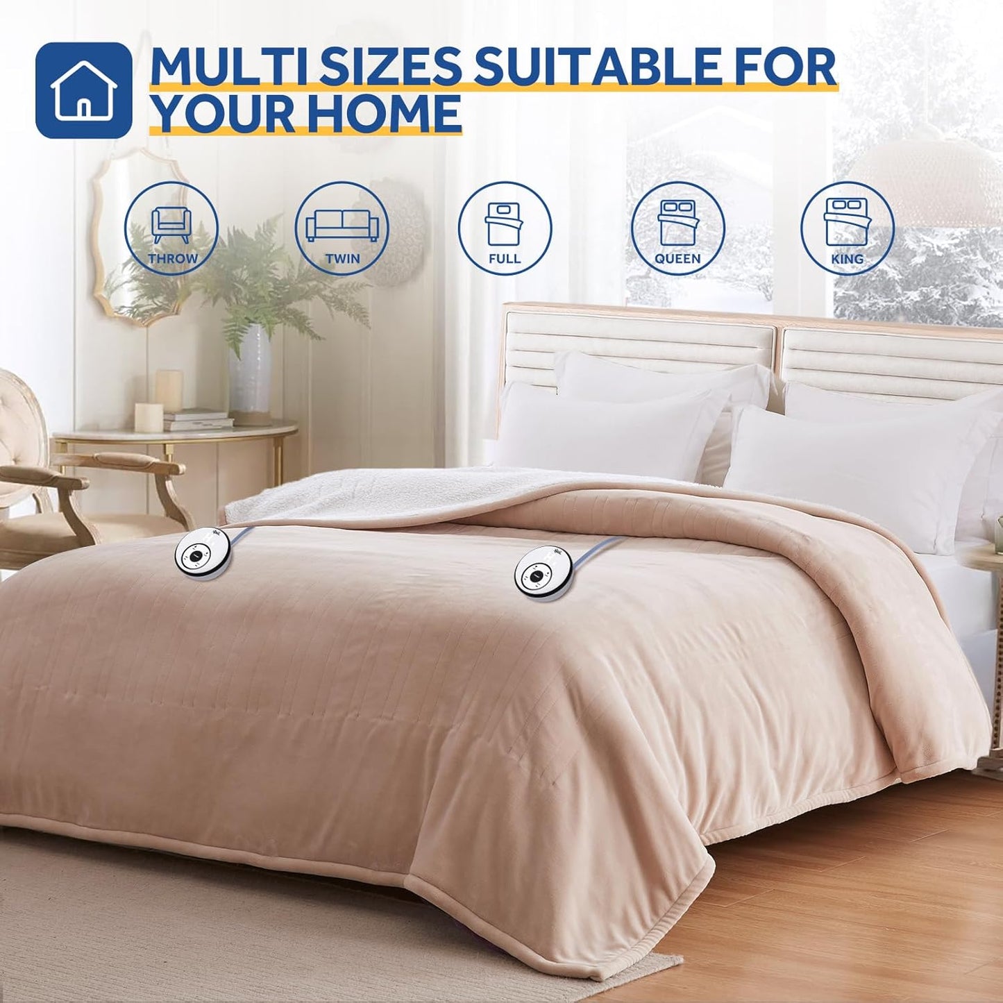 Sealy Electric Blanket Queen 84"*90",Super Cozy Flannel to Sherpa Reversible Heated Blanket Queen Size with 10 Heating Levels & 1-12 Hours Auto Off Overheating Protection Machine Washable,Beige