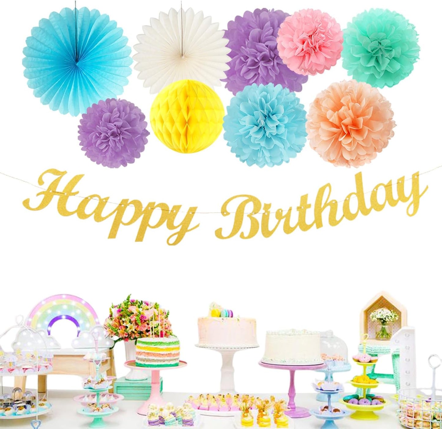 Pastel-Rainbow Colorful Birthday Party-Decorations Paper-Flowers - 14pcs Happy Banner Carnival Theme Lanterns Tissue Pom Poms,Macaron Streamers Garland Fans Honeycomb Hanging Supplies Decor Hugfond