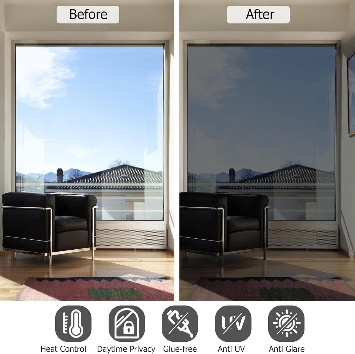 HIDBEA One Way Window Film, Daytime Privacy Sun Blocking Reflective Window Film No Glue Static Cling Heat Control Window Tinting Film for Home and Office, Black Silver, 17.35 x 196.8 Inch