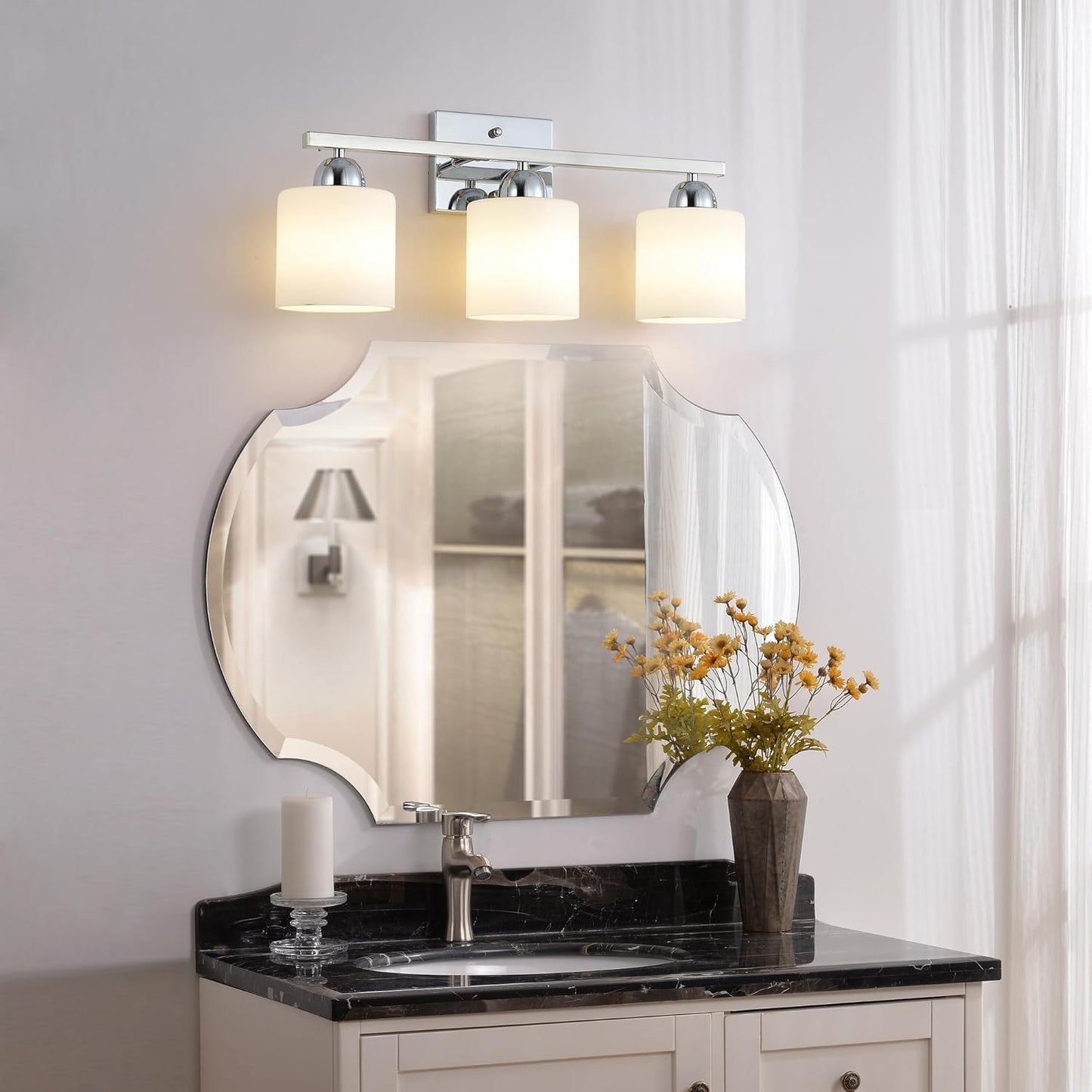 Stainless Steel Milk Glass Vanity Lights for Bathroom, 3 Light Chrome Bathroom Light Fixtures Over Mirror, Ceramic E26 Sockets Wall Mounted