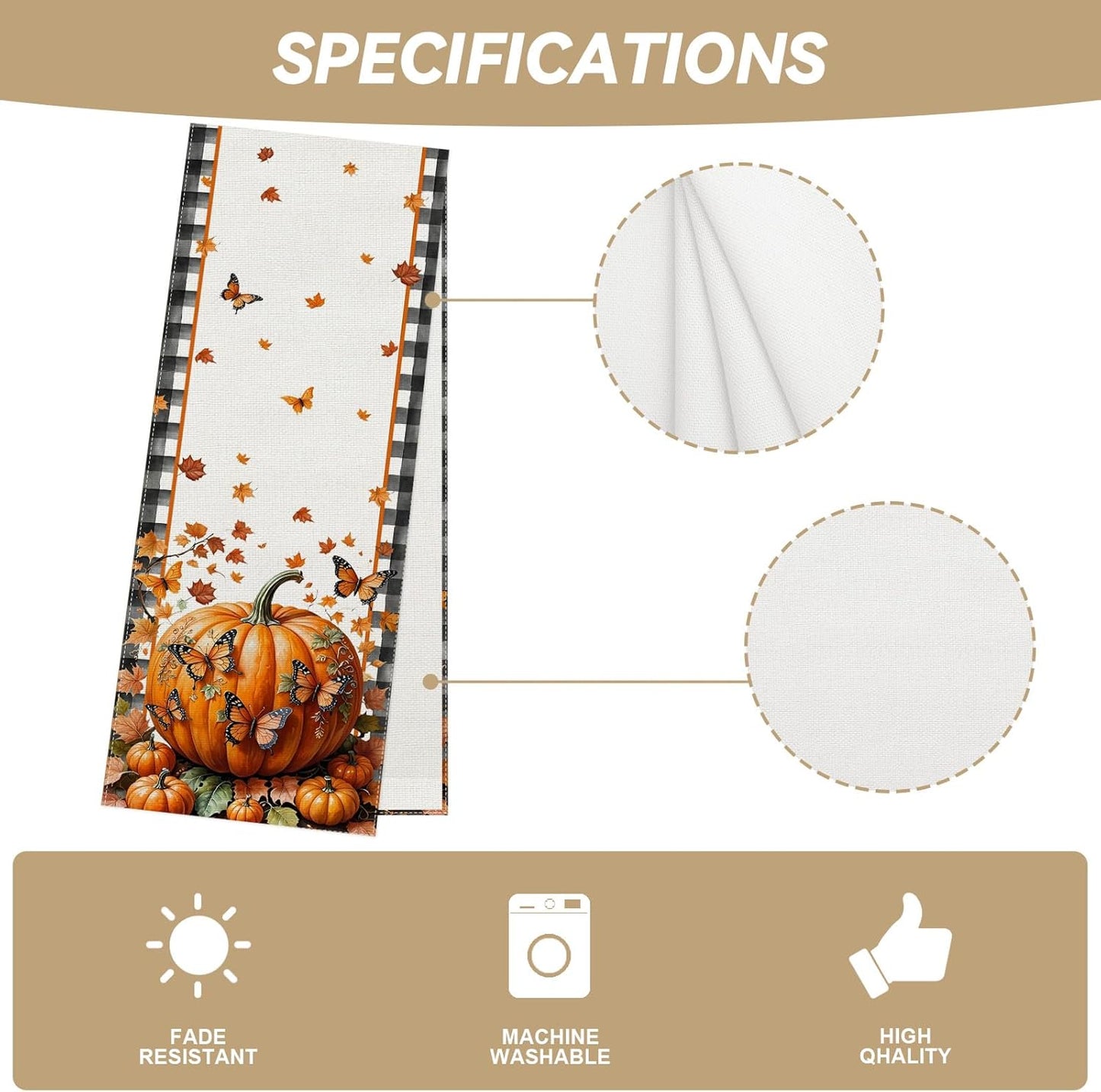 Linen Black and White Buffalo Check Plaid Fall Table Runner 36 Inches Long, Fall Leaves Pumpkin Butterfly Home Kitchen Table Decor, Farmhouse Autumn Thanksgiving Harvest Festival Decorations for Home