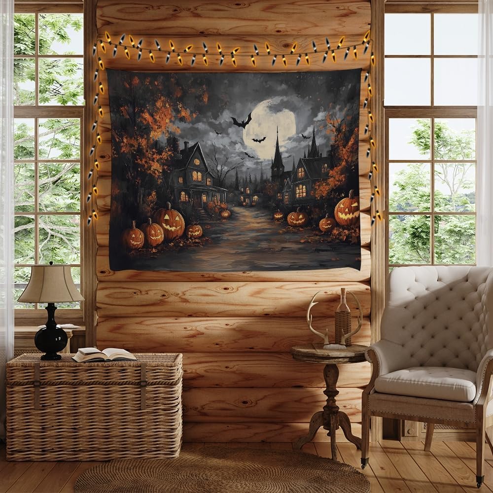 Spooky Halloween Tapestry Haunted Home Bats Pumpkin Tapestry Wall Hanging Dark Academia Fall Full Moon Decor Gothic Ghost Tapestries for bedroom Living Room Decoration 50x60inch