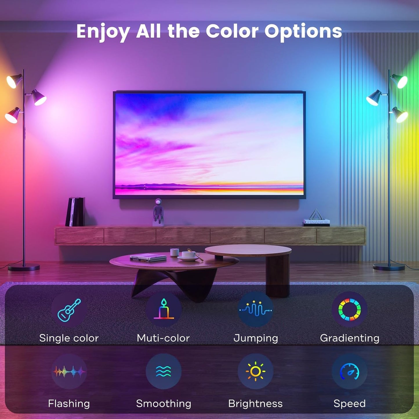 RGB Floor Lamp, 36W LED Dimmable Standing Lamp with 3 Swivel Lights, Color Changing Tall Lamp with Remote, Stepless Dimmable Modern Floor Lamps for Living Room, Bedroom, Gaming Room,Office