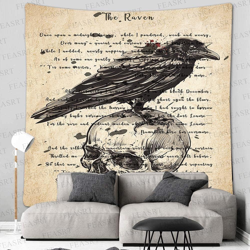 Tapestry Wall Hanging Ancient Raven Hymn Wall Decor for Gothic Rustic Home Room, 84x90 Inches Soft Flannelette, Gothic Skull and Raven Dictionary Poster GTQQAY1546
