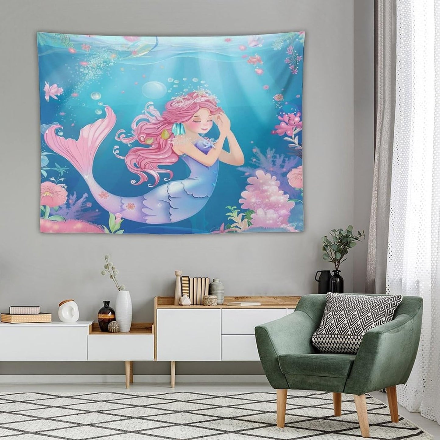 HZOHNAGO Mermaid Girls Tapestry Watercolor Flowers Mermaid Princess Blessing Pattern for Kids Room Decoration Printed Wall Tapestry Wall Hanging for Bedroom Living Room Dorm 80" W x 60" H