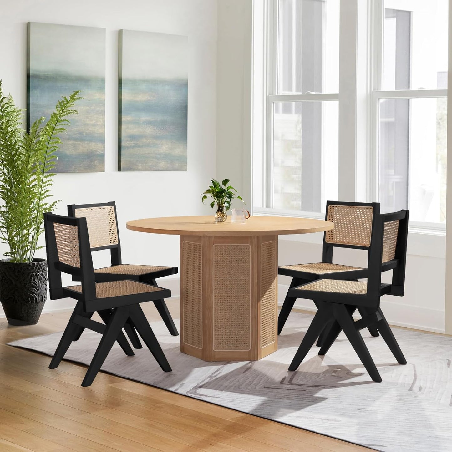 Black Rattan Dining Chairs Set of 2, Modern Kitchen Chairs Armless for Dining Room