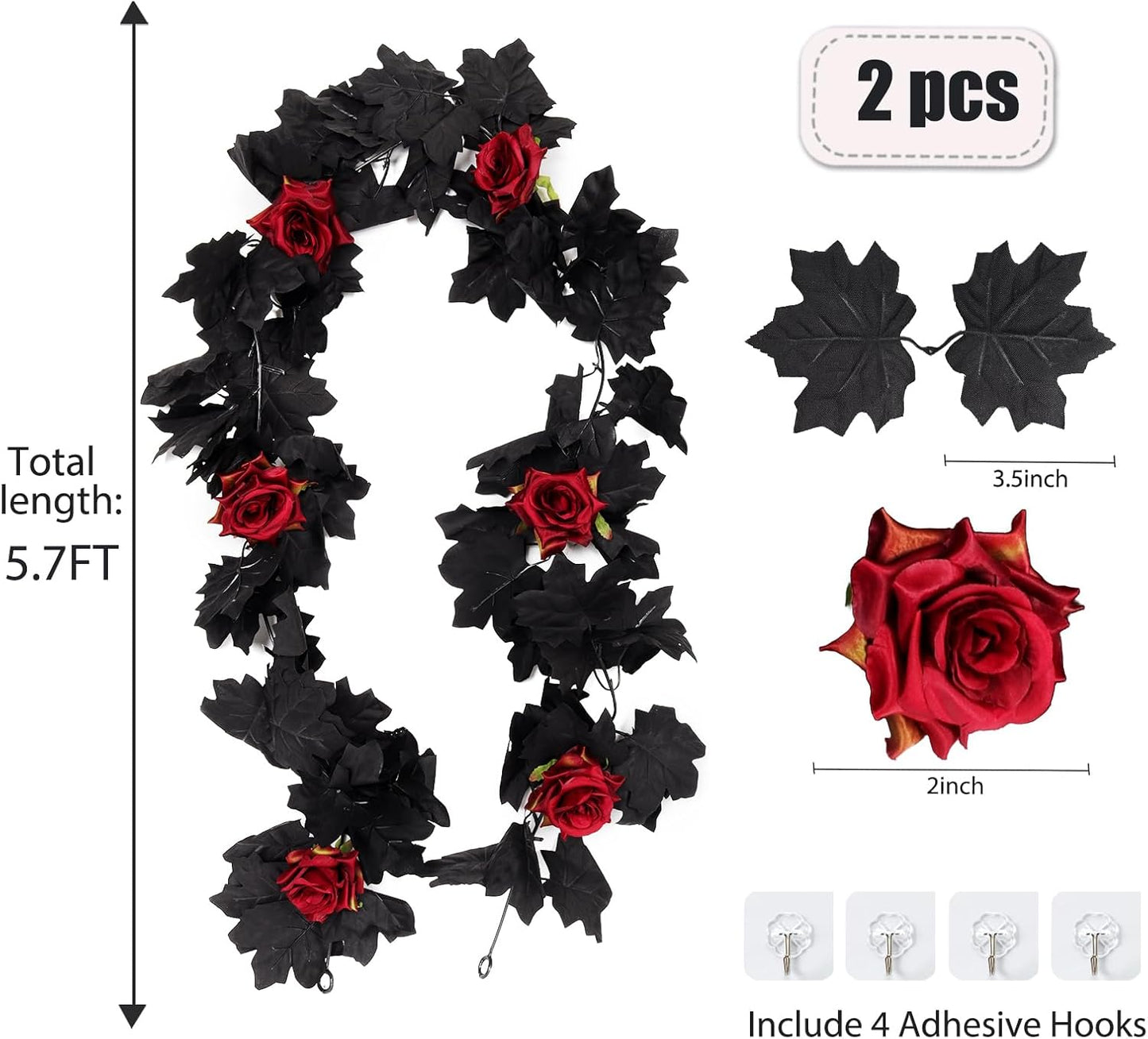 Artificial Black Garland Hanging Vine Artificial Floral Vines Fall Garland Hanging Flower Fake Rose Vines for Black and Burgundy Wedding Decor Halloween Indoor Outdoor Party Wall (Red Rose)