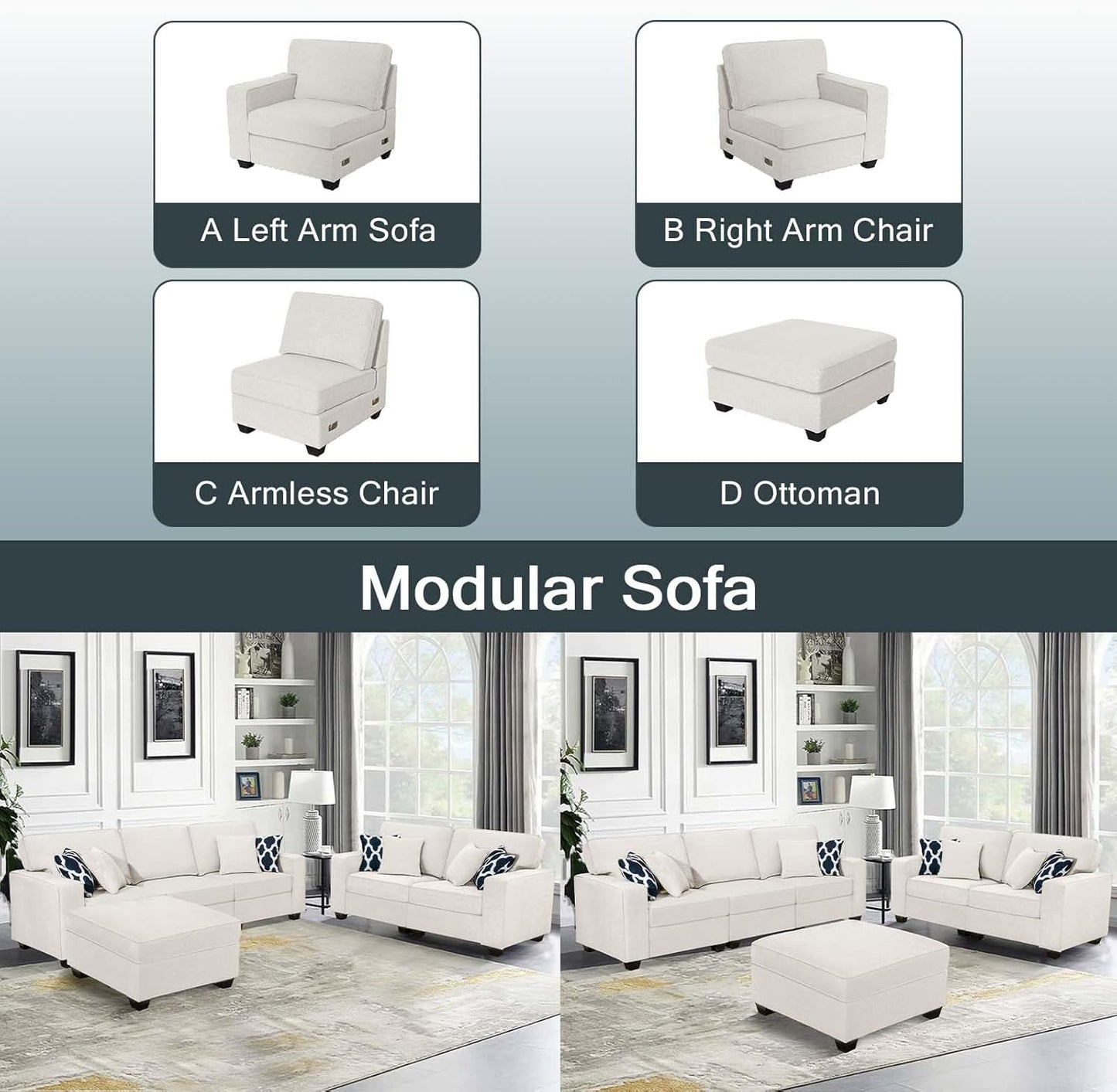L Lengend Vansen Modular Sectional Sofa U Shaped Couch with Ottoman Modern Reversible Corner Sectional Couch for Living Room (Cream, 2+3 with Ottoman)