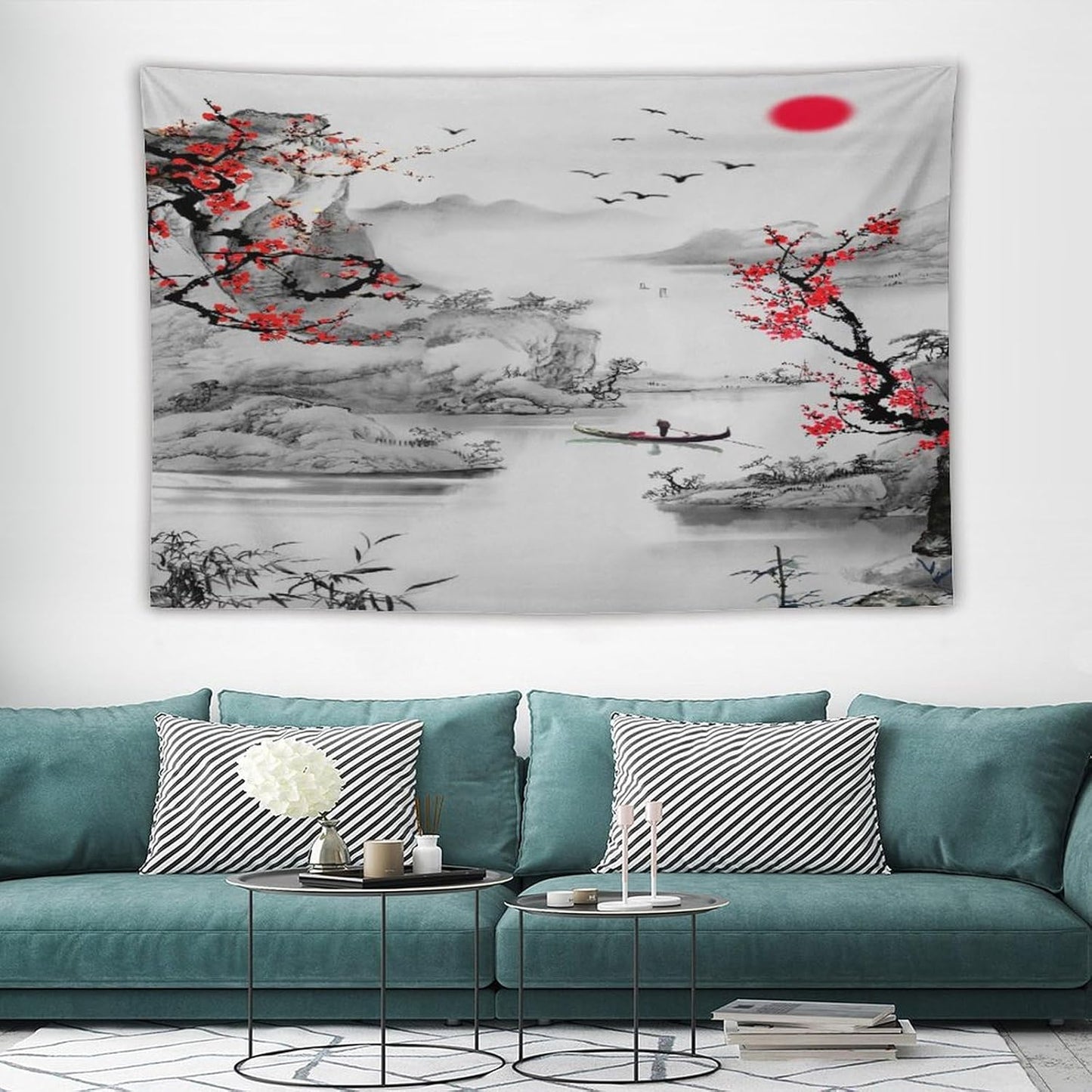 Cherry Blossoms Tapestry, Japanese Red Landscape Watercolor Abstract Art, Asian Japanese Wall Tapestry, Nature Landscape Tapestries for Bedroom Living Room Decor 90"x60"