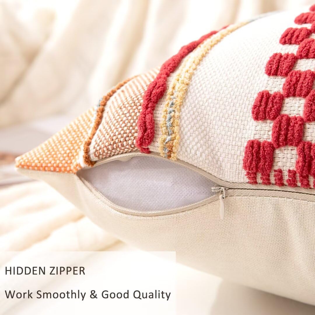 Boho Throw Pillow Covers 18x18 Set of 2 Christmas Decorative Cushion Case Striped Square Pillows Cover Chenille Pillow Cases Accent Neutral Pillowcase for Sofa Couch Bed,Red