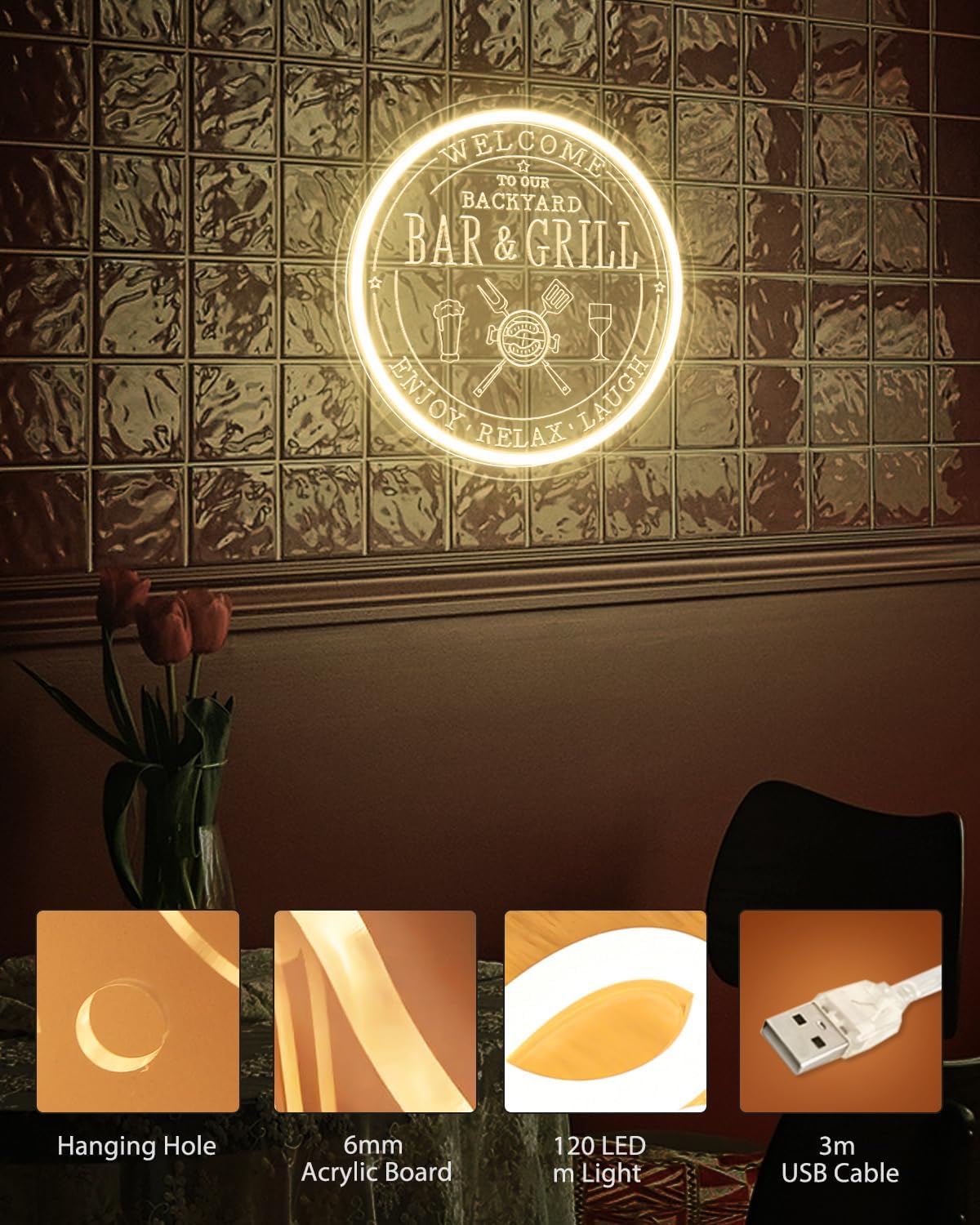 Bar & Grill Neon Sign for Home Bar Wall Art Decor, Dimmable LED Neon Lights Bar and Grill Signs for Backyard Patio Garden Yard BBQ Birthday Party, Grilling Light Up Sign for Housewarming Gifts