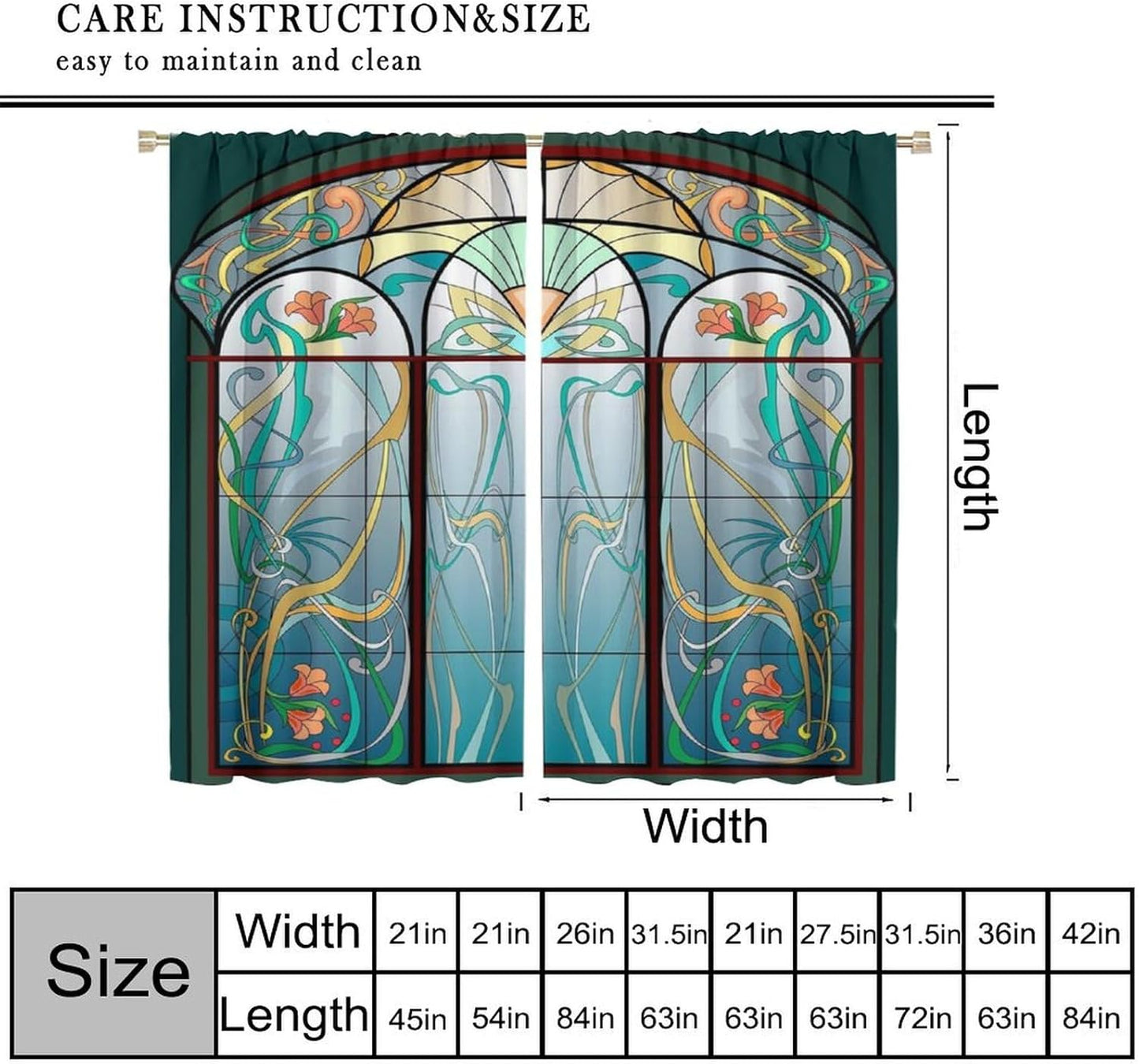 Stained Glass Curtains, Retro Mid Century Boho Abstract Art Home Decor Drapes for Bedroom Living Room Kitchen Window Treatment 2 Panels Set Total Size 55" W X 63" L Inch