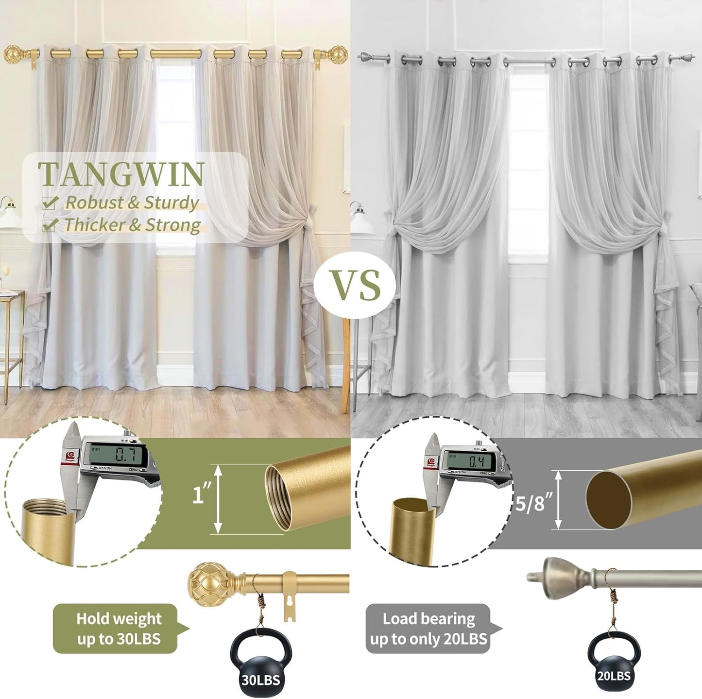 Gold Adjustable Curtain Rods for Windows:Farmhouse Heavy Duty Curtain Rod for Bedroom Living Room,Boho Decorative Rustic Drapery Rod with Vintage Coastal Texture Finial,Brass Gold 2Pack 36-88"