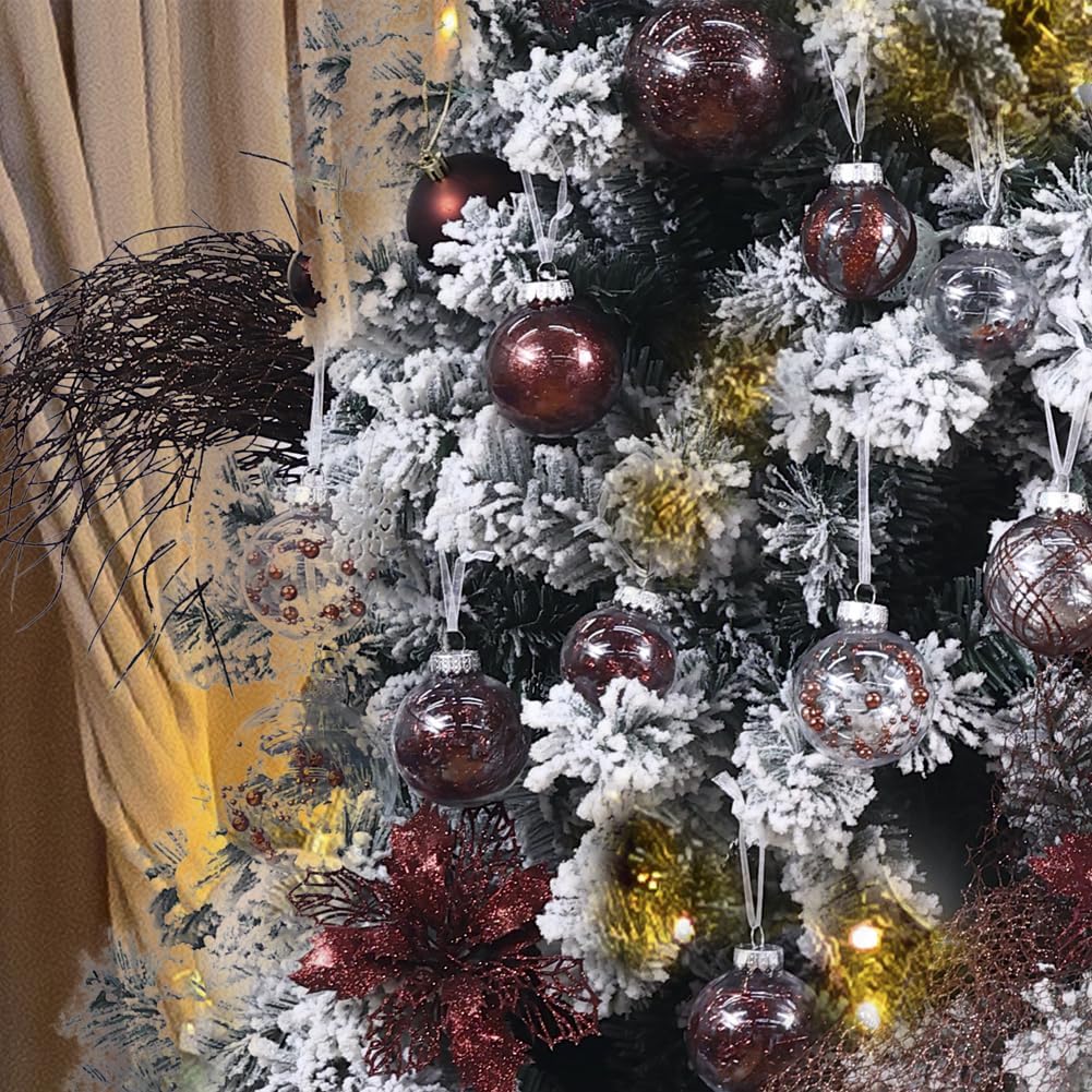 Clear Christmas Ball Ornaments,24ct Shatterproof Plastic Decorative Christmas Ornaments Hanging Xmas Tree Baubles Set with Stuffed Delicate Glittering Decorations for Holiday Party Home Decor (Brown)