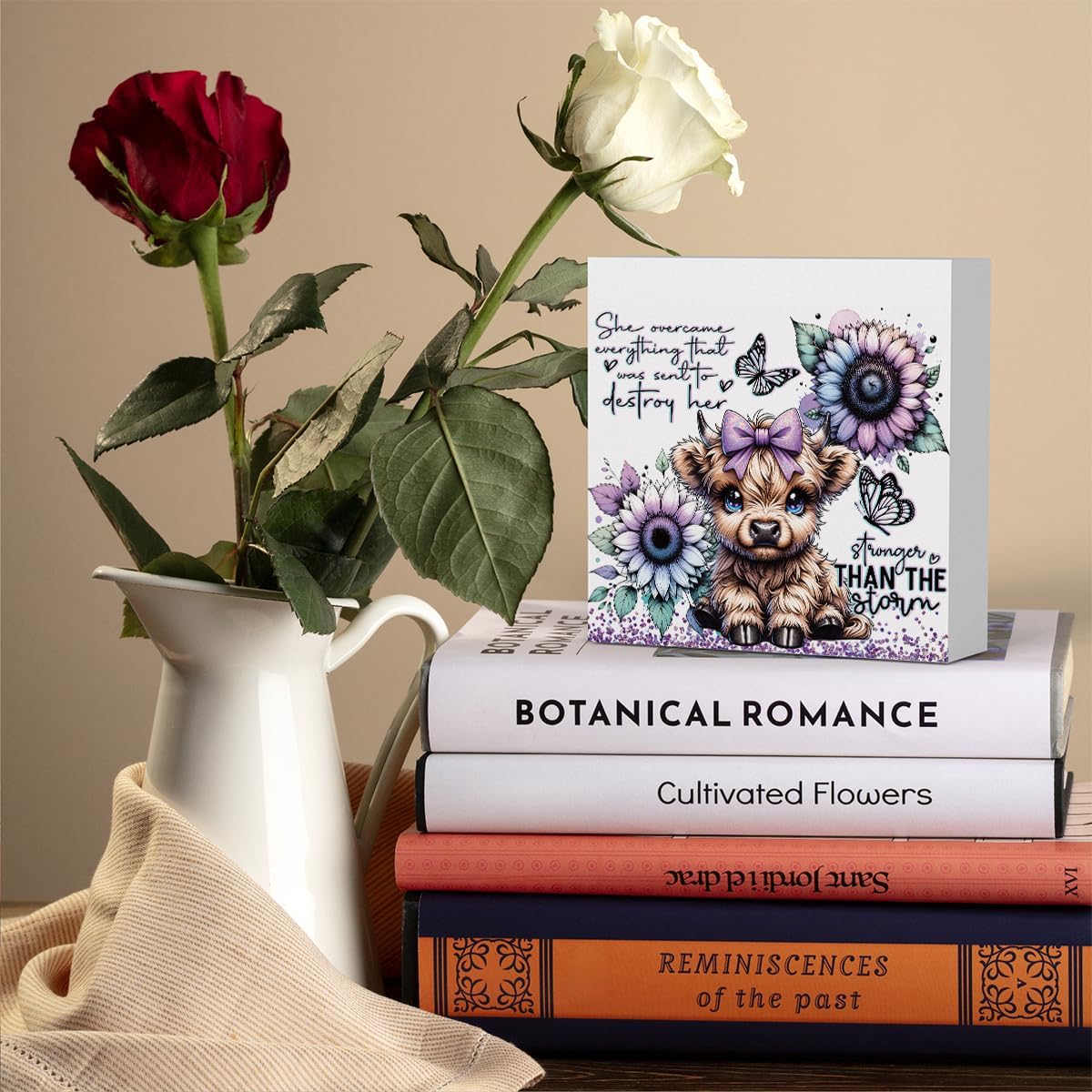 Cute Highland Cow Baby Decor, Highland Cow Sunflower Decor, Highland Cow Gifts for women, Highland Cow Nursery Decor, Wooden Box Decor Sign for Home Farmhouse Office Living Room Table Shelf