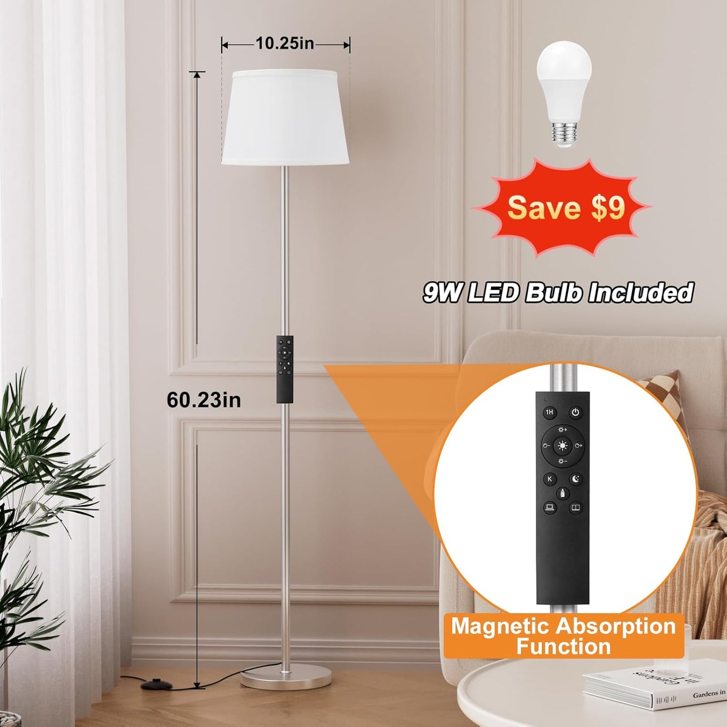 【Upgraded】Floor Lamps for Living Room, Modern Floor Lamp with Remote Control, Dimmable Colors Temperature Standing Lamp Foot Switch, 9W Bulb Tall Lamps for Bedroom Office Kid Room - Silver