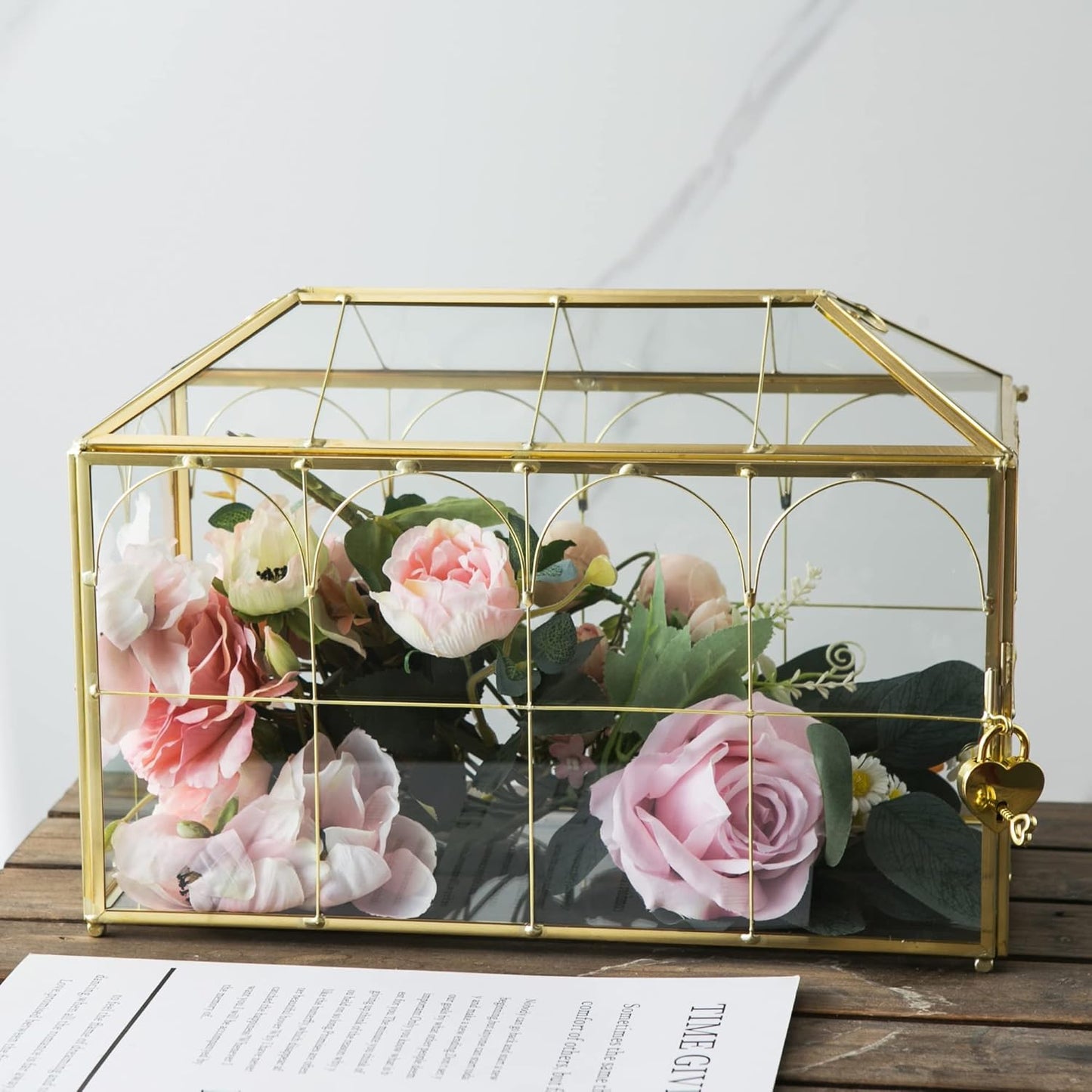 Glass Wedding Card Box with Slot, 12.6 inch Large Clear Card Box Gold Brass Gift Card Storage Box with Lock for Wedding Receptions, Baby Shower, Birthday Party, Bridal Shower