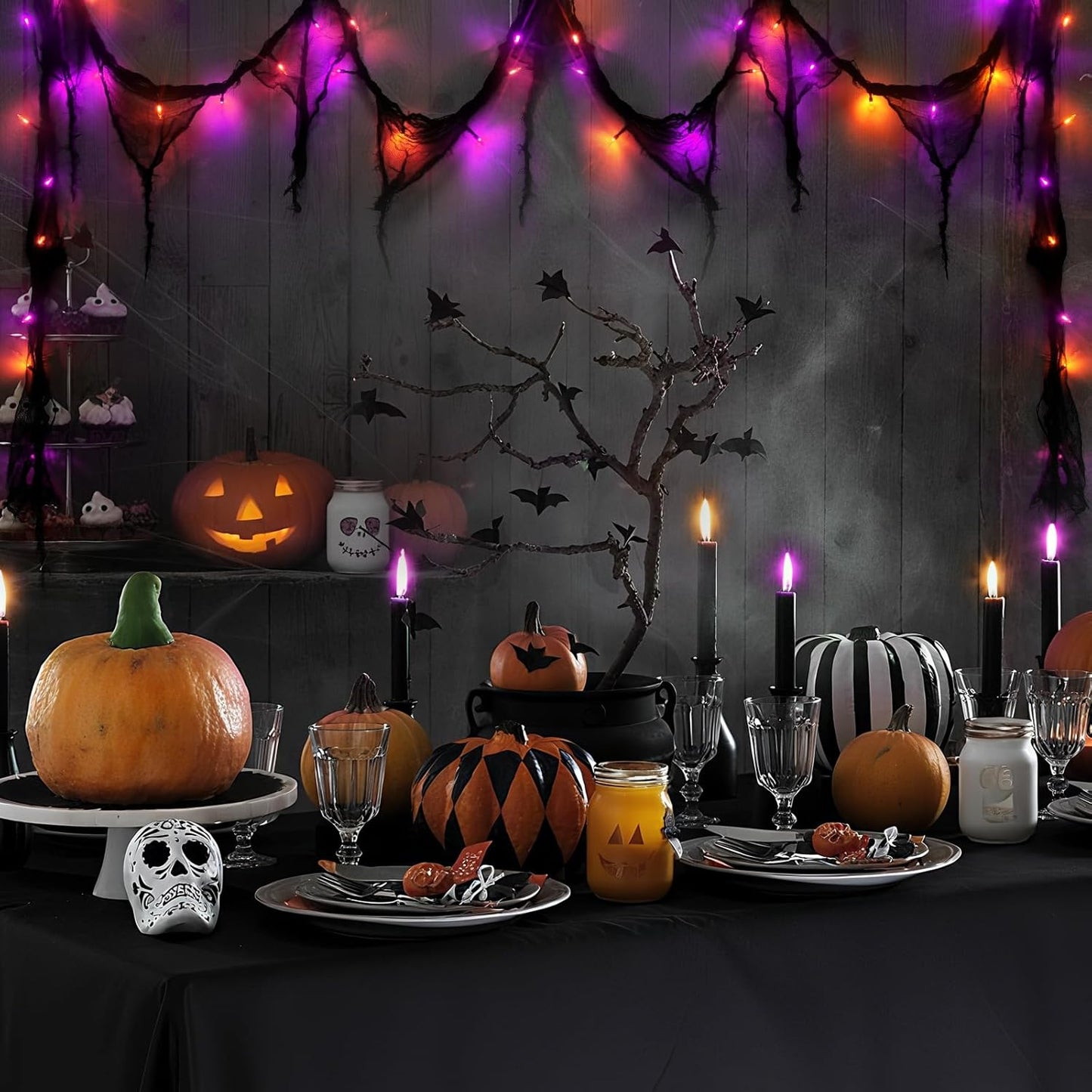 Halloween Horror Atmosphere Lights, Orange&Purple LED String Lights with 9.9FT Creepy Black Gauze, Battery Powered with Timer & 8 Flashing Modes (Orange & Purple)