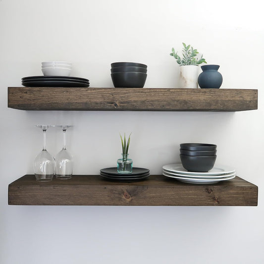 Modern Floating Shelves 3 Inches Thick for Wall, Wide Shelves for Kitchen, Living Room, Bedroom, and Bathroom, Natural Pine Wood, Rustic Wooden Shelf, (Set of 2) (Jacobean, 24Lx3Hx8D)