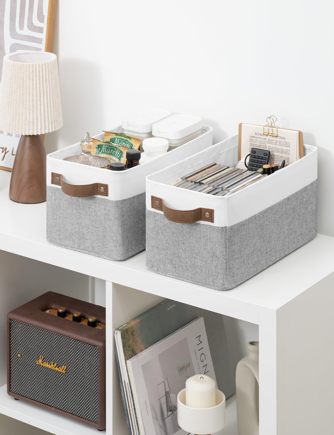 StorageWorks Narrow Storage Bins, Small Basket for Closet and Shelves, Rectangular Fabric Organizer with Handles, Toilet Paper Storage, Gray and White Stripes, 2-Pack