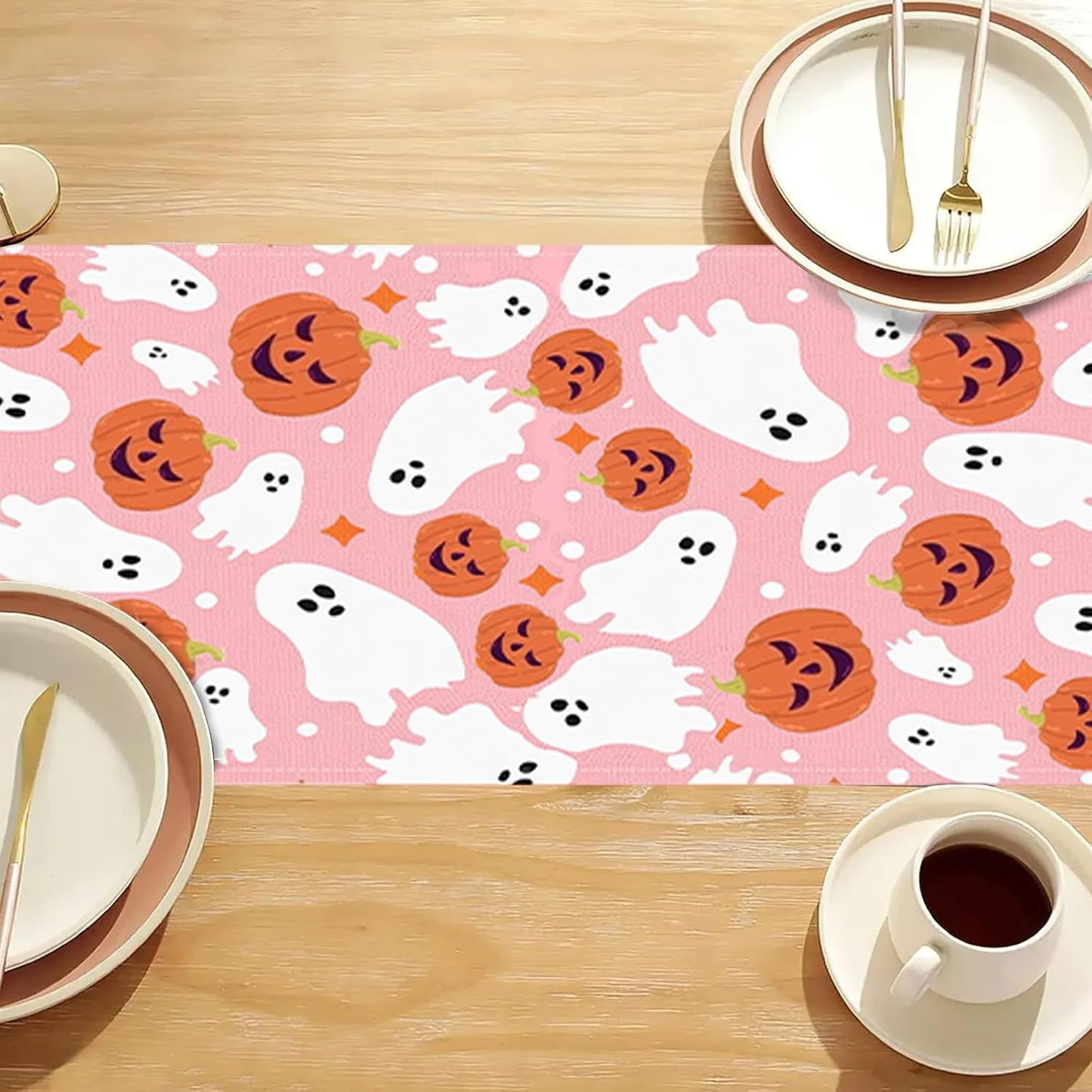 Halloween Table Runner Cute Spooky Ghost Pumpkin Table Linen Runner Pink Kitchen Dining Decoration Holiday Halloween Table Decoration for Holiday Indoor Outdoor Home Party Decor 13x36 Inch