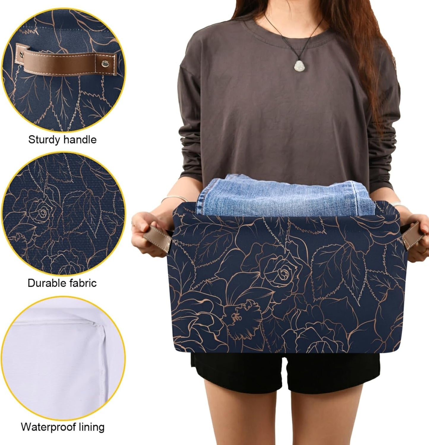 susiyo Large Foldable Storage Bins Collapsible Decorative Fabric Storage Baskets with Leather Handles for Home Closet Bedroom Organizer Nursery 2 Pack,Navy Blue