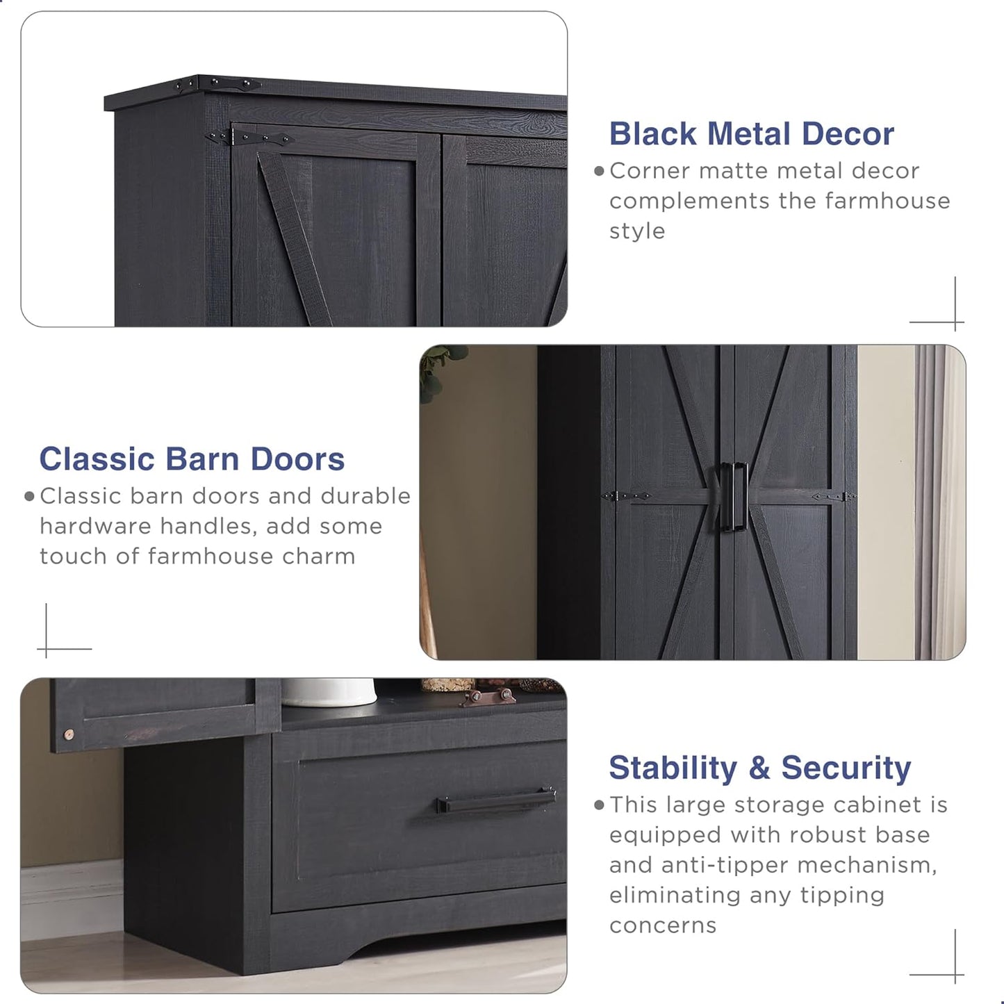 Farmhouse Kitchen Pantry Cabinet - 72" Tall Large Wood Kitchen Storage Cabinets with Adjustable Shelves & 2 Barn Doors & Drawer, Versatile Storage for Dining Room, Bathroom, Living Room, Antique Black