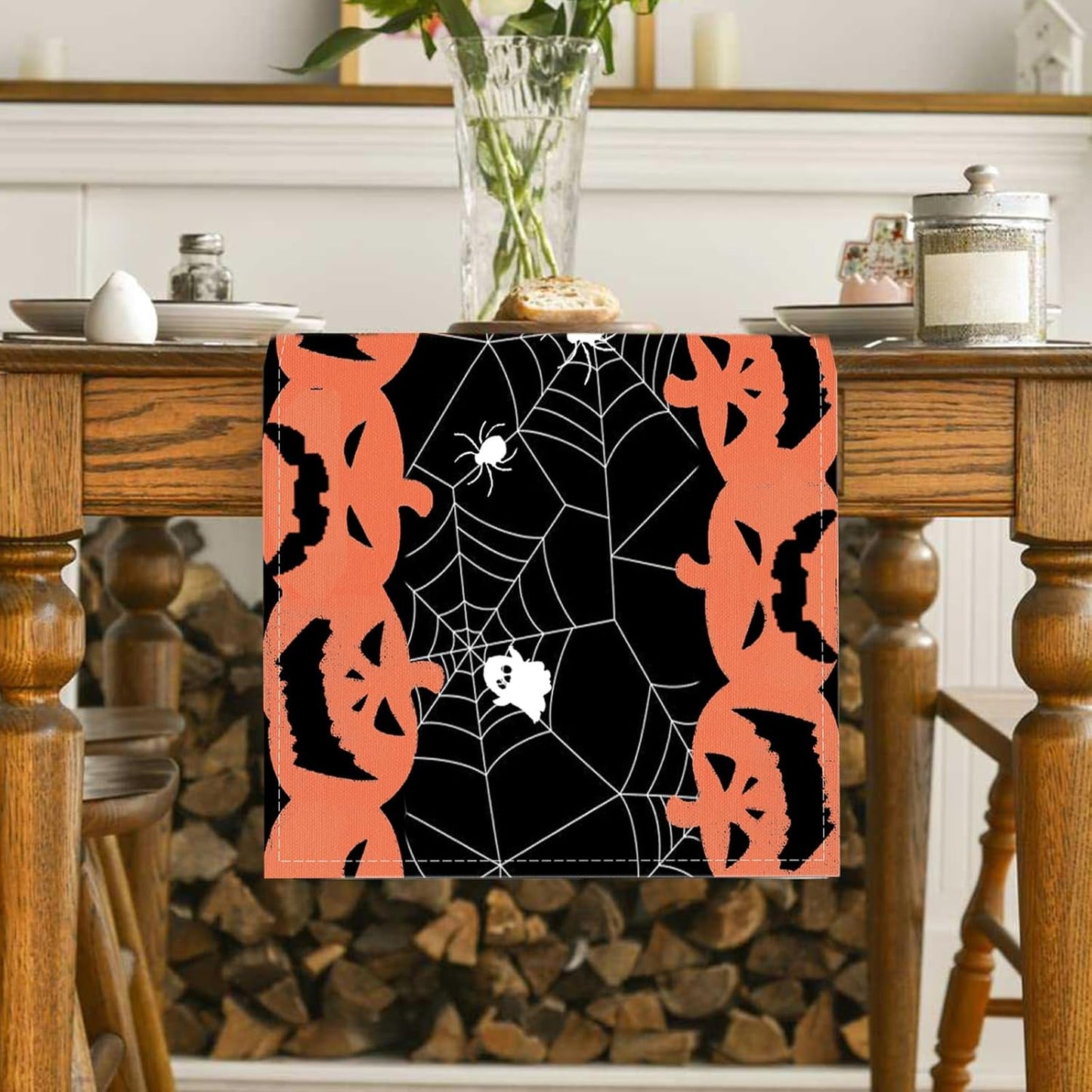 Halloween Table Runner Black and Orange Pumpkin Spider Web Table Linen Runner Halloween Decoration 13x36 Inch Table Runner for Dinning Kitchen Indoor Outdoor Halloween Kitchen Decor