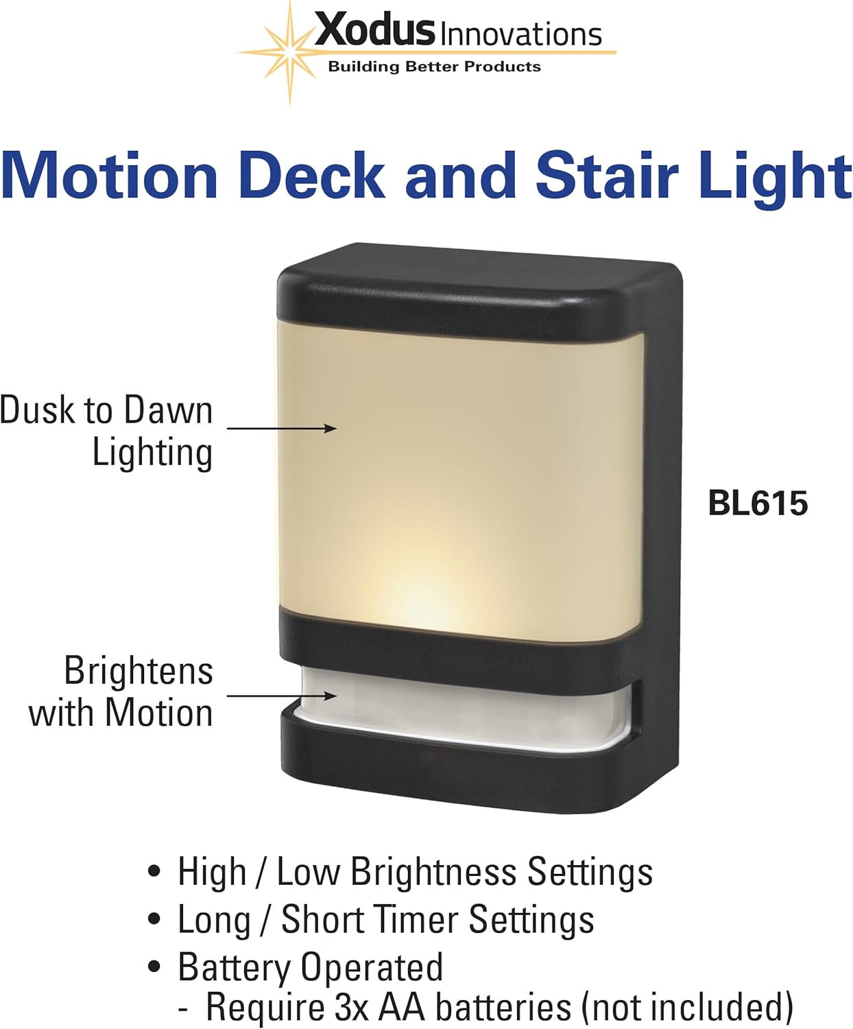 BL625-3 Motion Sensing Stair and Deck Light, LED, Battery Operated, Dusk to Dawn Sensor, 30 Seconds or 5 Minutes Brightness Setting, Indoor and Outdoor