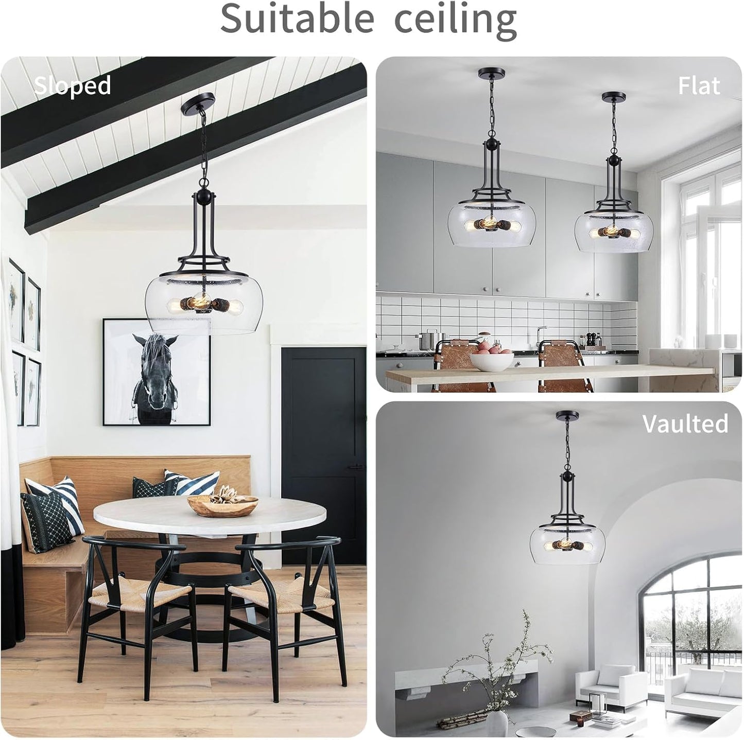 WUZUPS Chandelier Rustic Farmhouse Industrial Round Ceiling Pendant LED Light Fixture Clear Seeded Glass Shade for Dining Room Kitchen Island Foyer Entryway, H 20.9" x W 15.9", Black