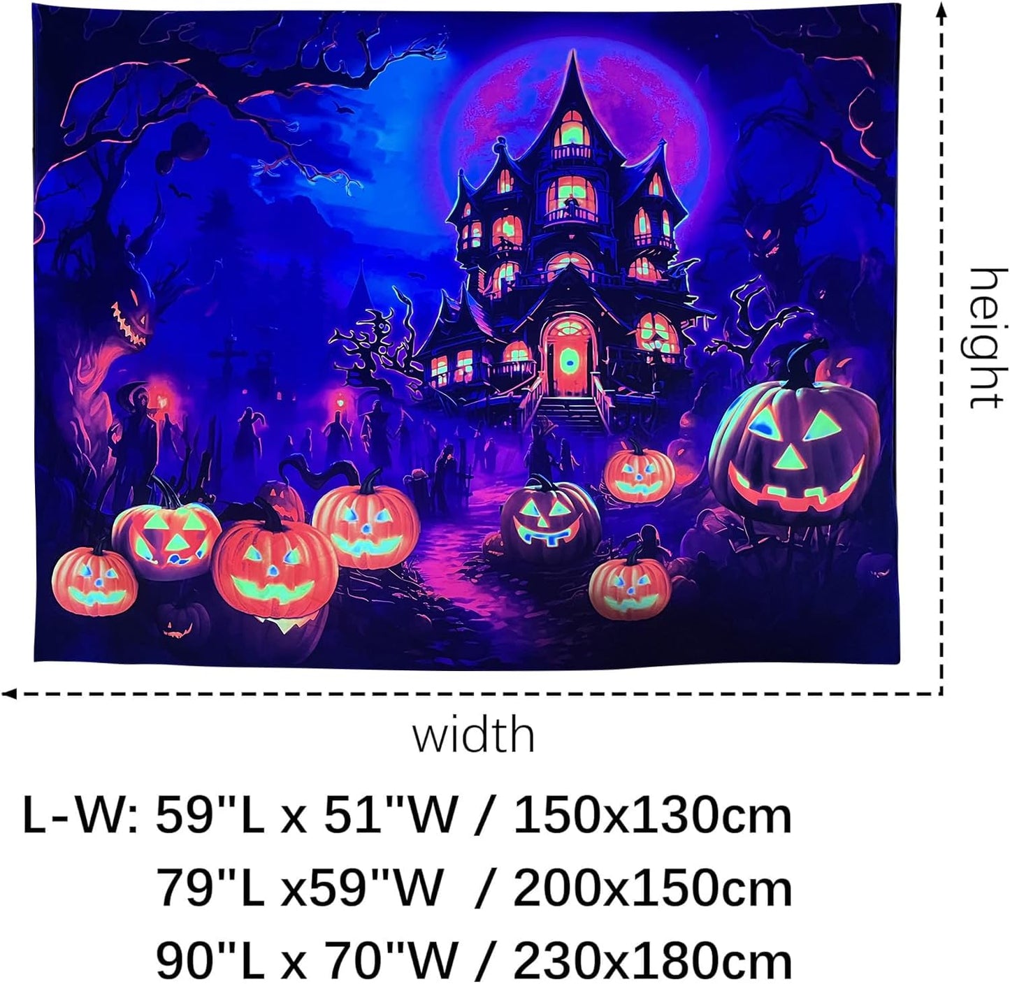 OSVINO Blacklight Halloween Castle Tapestry 90"x70" Pumpkins Ghosts Background Bedroom Aesthetic Hippie Room Decor Glow in The Dark Wall Poster for Halloween Easter