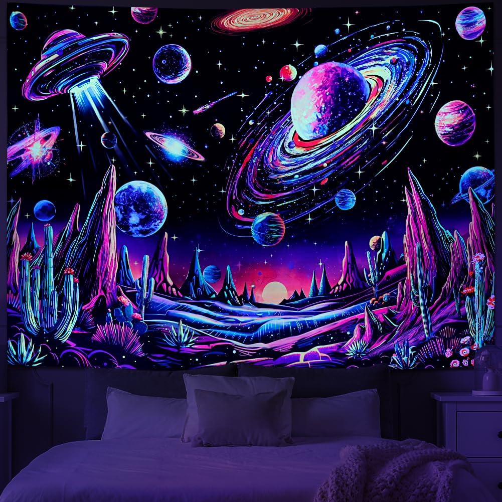 Tushelia Blacklight Galaxy Space Tapestry Neon Planet UFO Tapestries UV Reactive Cactus Mountain Wall Decor Black Light Starry Night Sky Tapestry Wall Hanging for Bedroom
