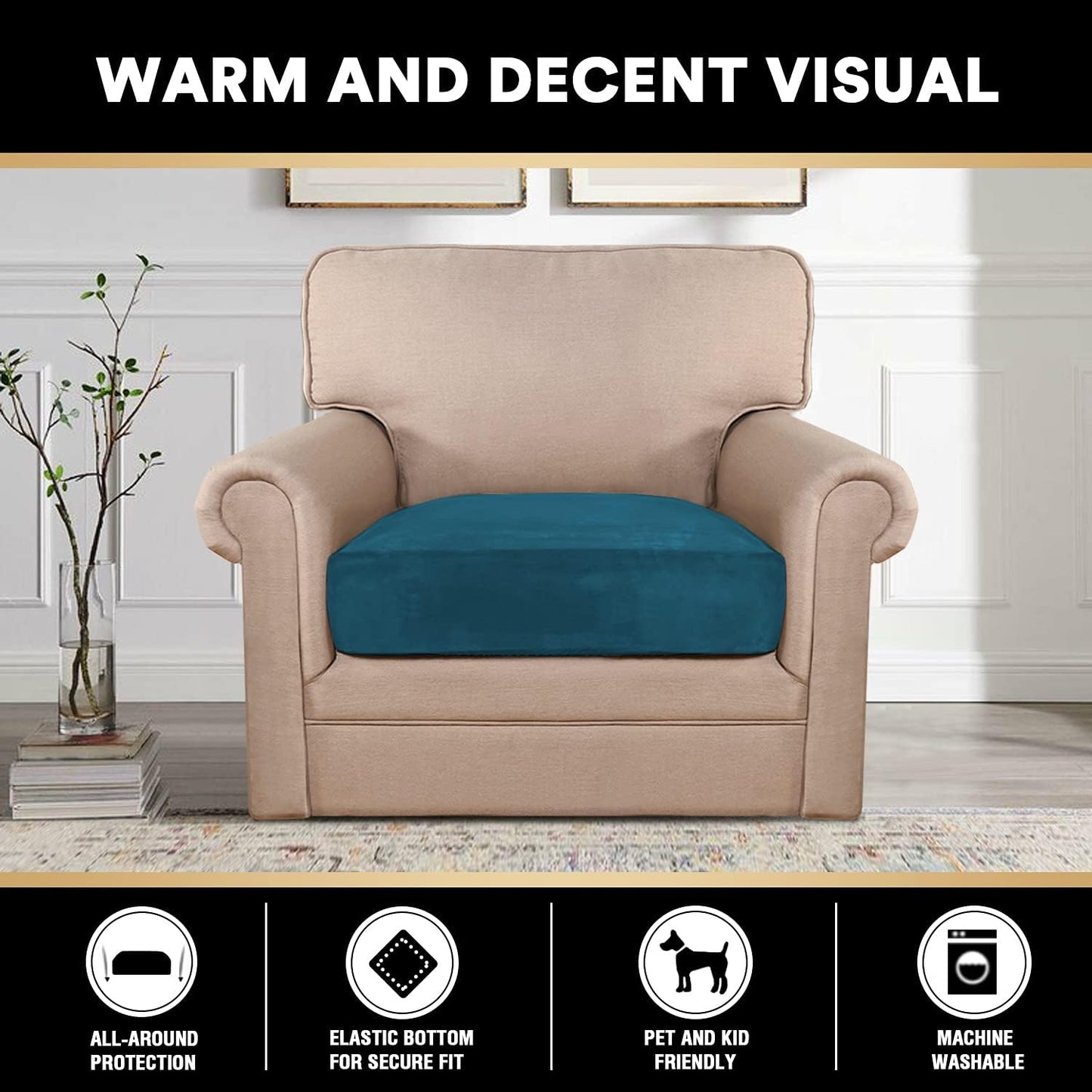 PrinceDeco Couch Cushion Cover Cushion Slipcover for Chair Sofa Cushion Furniture Protector Seat Cushion Sofa Cover for Dog Pet Kid with Elastic Straps Width Up to 29.5", Deep Teal
