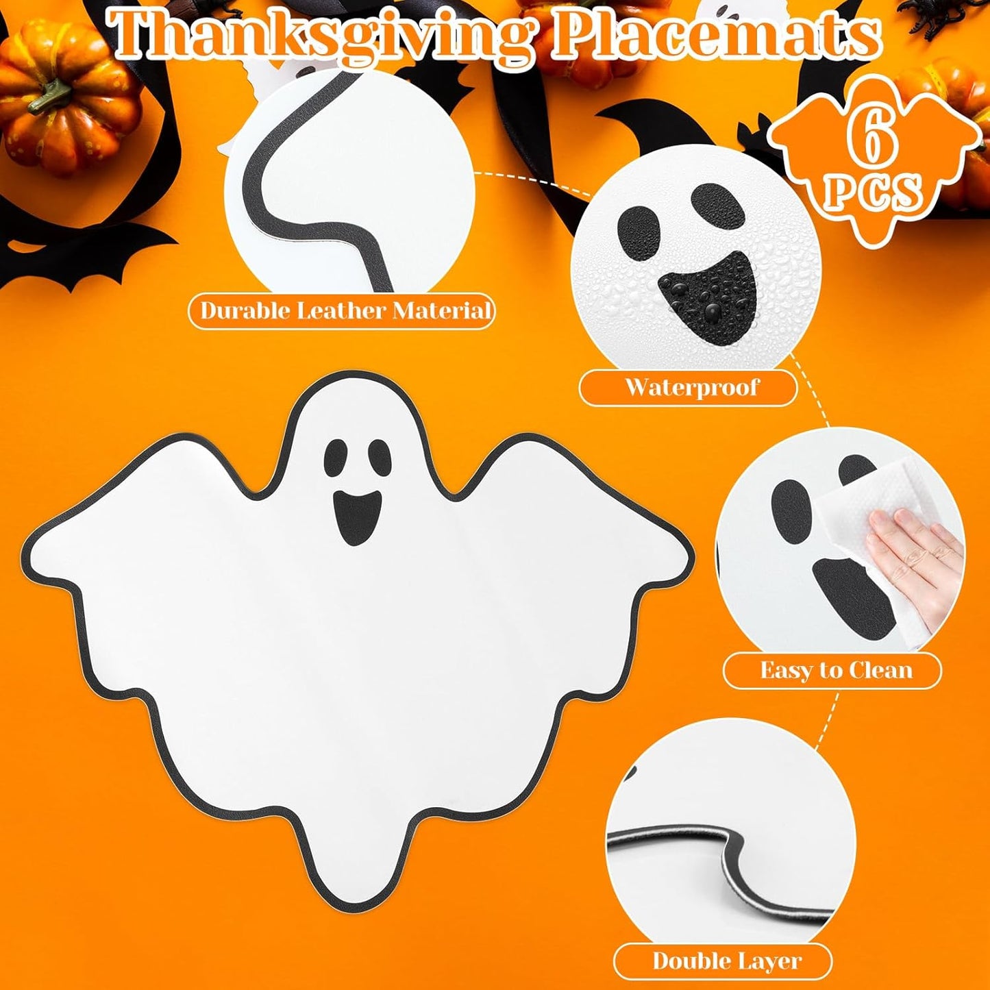 Remerry 6 Pcs Halloween Leather Table Placemats Washable Ghost Dinner Mats Easy to Clean Halloween Spooky Leather Placemats Ghost Table Mats for Holiday Kitchen Dining Party Decoration