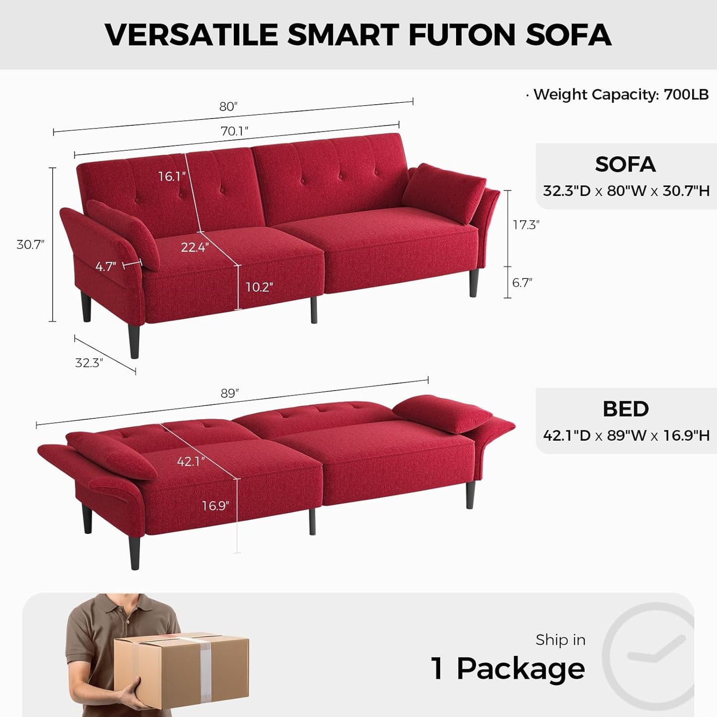 89” Futon Sofa Bed, Linen Comfy Futon Couch Bed with 2 Square Pillows, Convertible Sleeper Sofa with Adjustable Backrest& Armrests, Modern Loveseat Sleeper for Living Room, Bedroom, Red