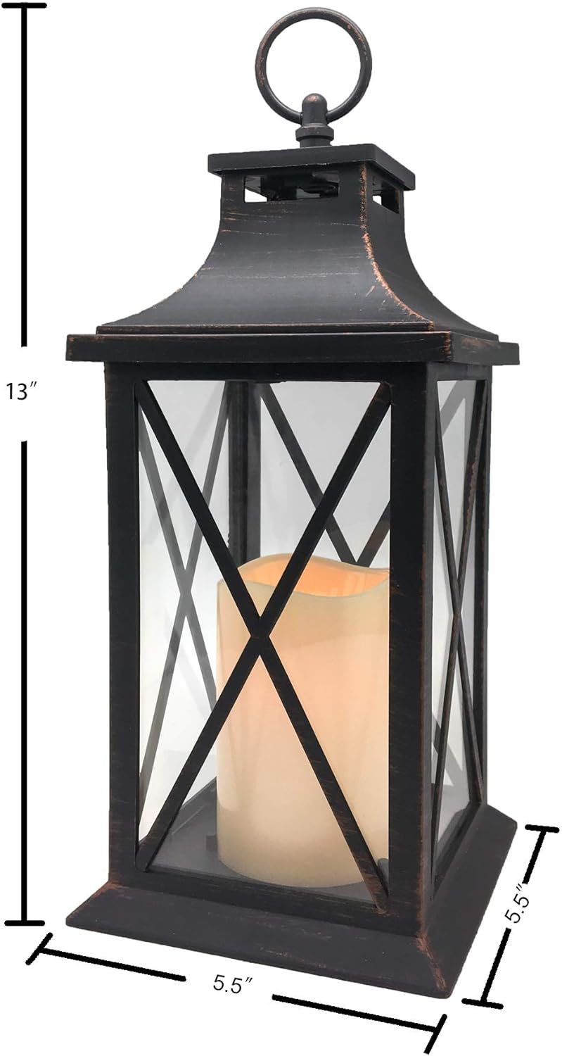 YAKii 14" Decorative Candle Lantern LED Flameless Candle Timer, Plastic LED Candle & Holder, Indoor & Outdoor Hanging Lights,Christmas Day Decoration (Antique Copper Brushed 2 PCS)