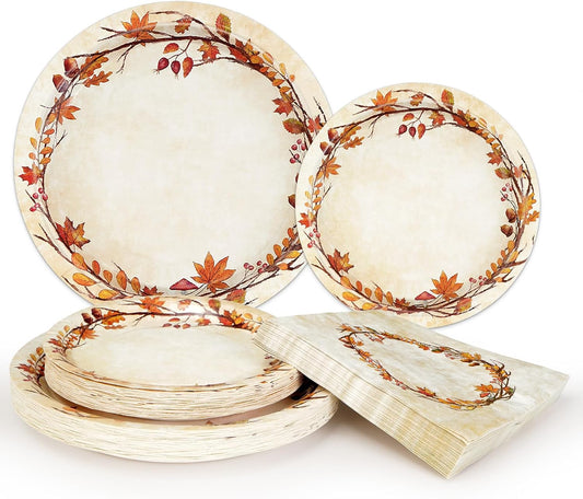 Homlouue 200 Pcs Fall Paper Plates and Napkins, Watercolor Disposable Dinnerware Set, Autumn Leaves Thanksgiving Party Supplies, Serve 50 Guests