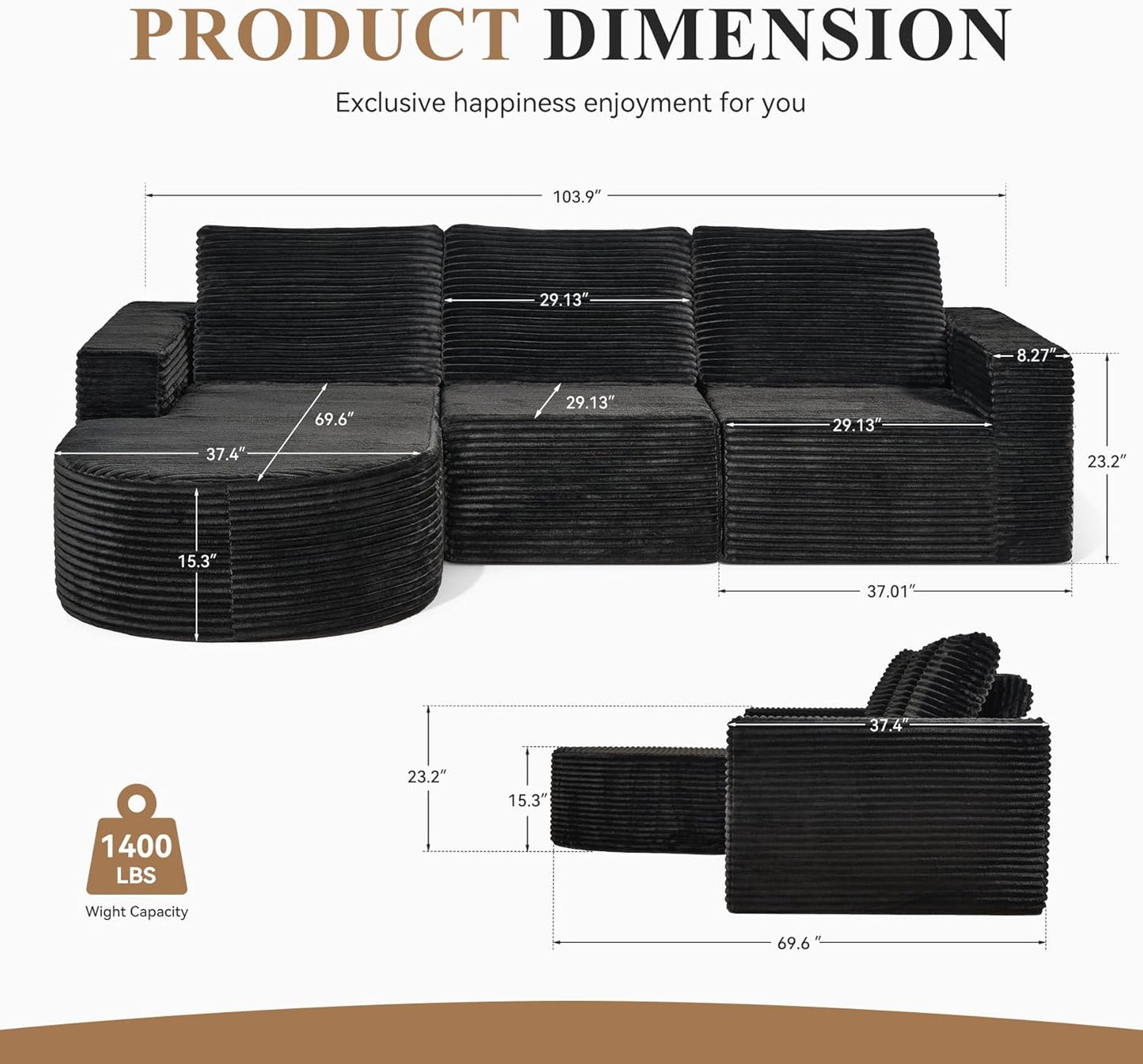 Modular Sectional Sofa with L-Shape Chaise,Cloud Sectional Modern Sleeper Couch with Deep Seat,Sponge Compression Sofas No Assembly Required(Plush Corduroy Fabric) 1PCS