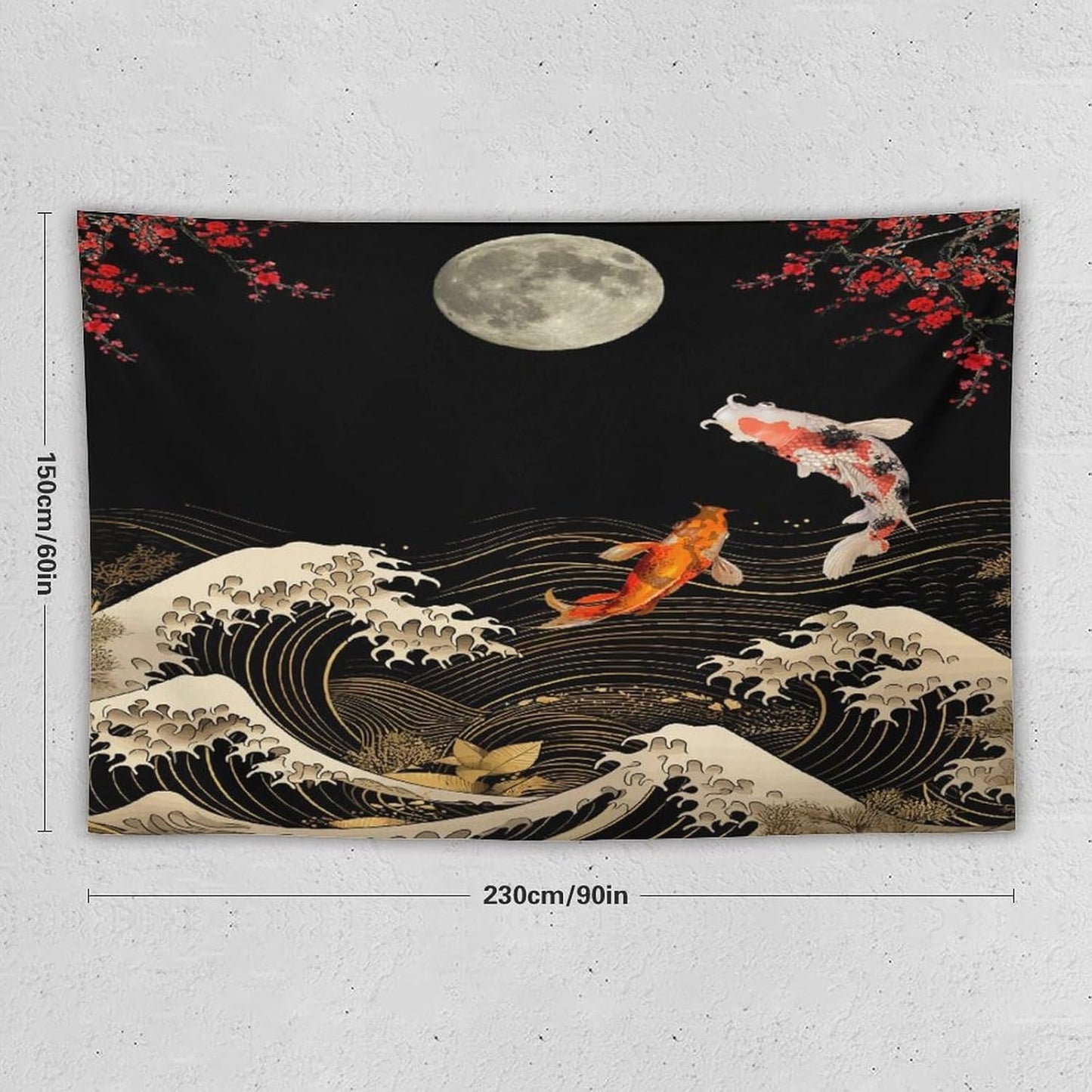 Houselerax Koi Fish Tapestry, Japanese Style Yin Yang Big Wave Cherry Blossom Tapestries Wall Hanging for Bedroom Living Room Office Decor 90"x60"